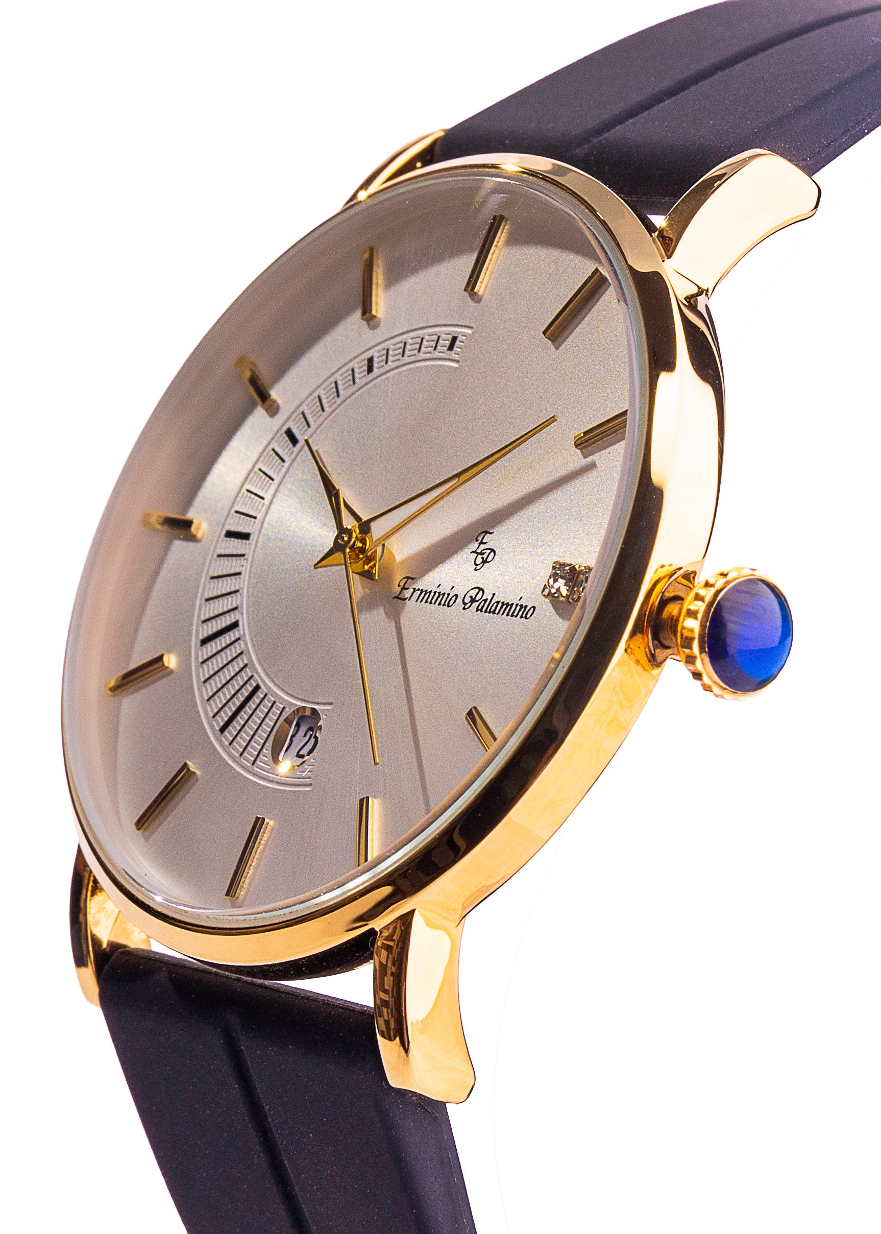 Erminio Palamino Sleek Dial Analog Men's Watch – Gold/Silver-Tone Case, Date Display, Adjustable Silicone Strap, Water Resistant
