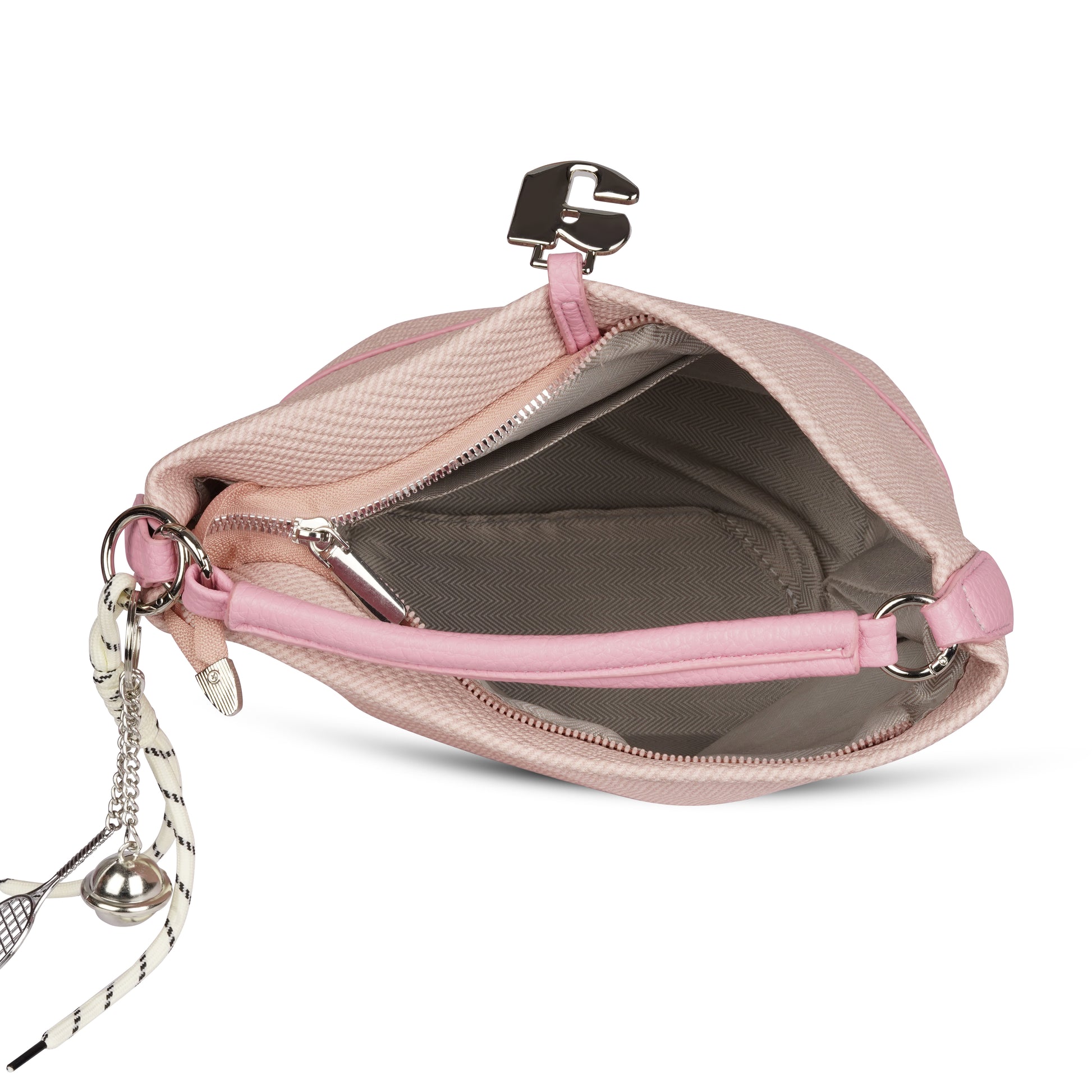 Erminio Palamino Designer Hobo Handbag, Textured Fabric, Silver Hardware with Decorative Charms
