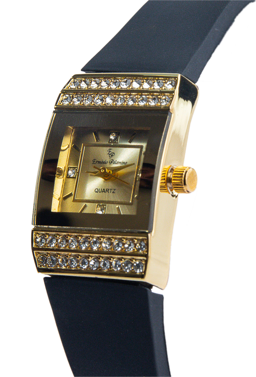 Erminio Palamino Ladies Luxury Quartz Watch, Gold-Tone Crystal Embellished, Vintage Square, Silicone Strap, Water Resistant
