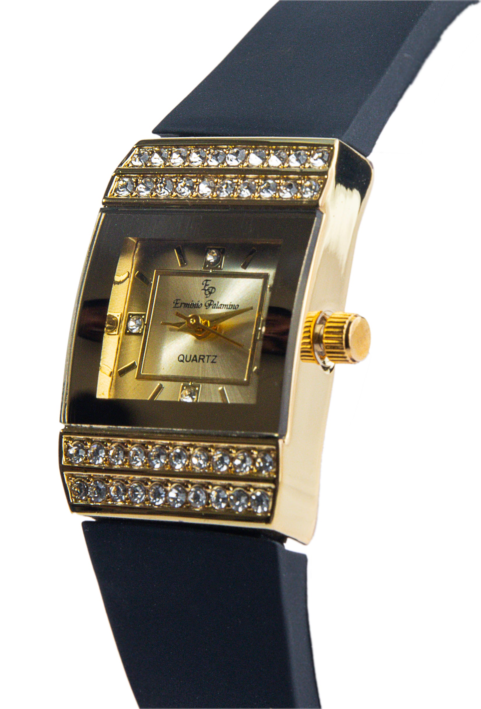 Erminio Palamino Ladies Luxury Quartz Watch, Gold-Tone Crystal Embellished, Vintage Square, Silicone Strap, Water Resistant