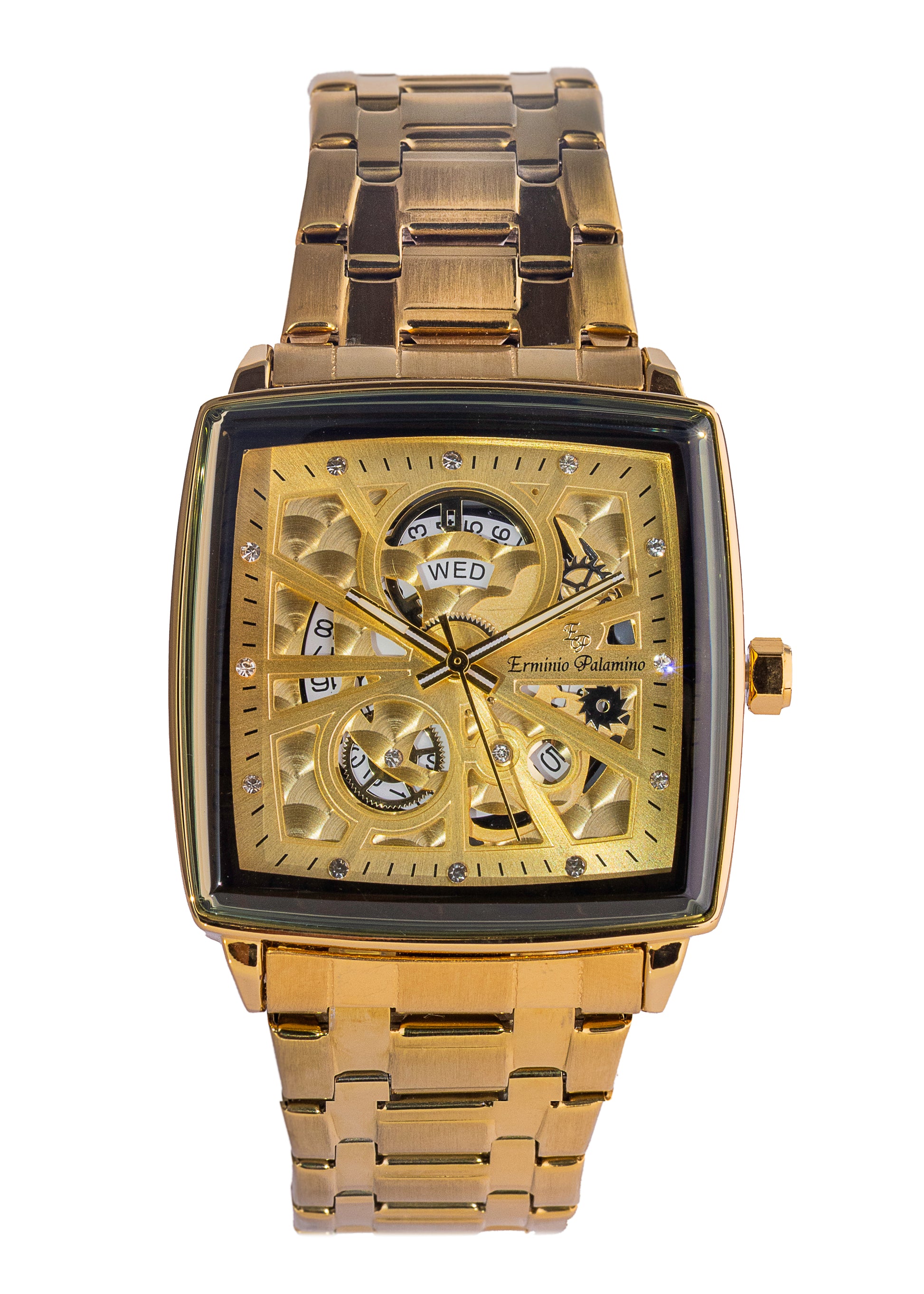 Erminio Palamino Royale - Luxury Skeleton Dial Quartz Square Men's Watch with Day-Date Display Stainless Steel Band, Water Resistant