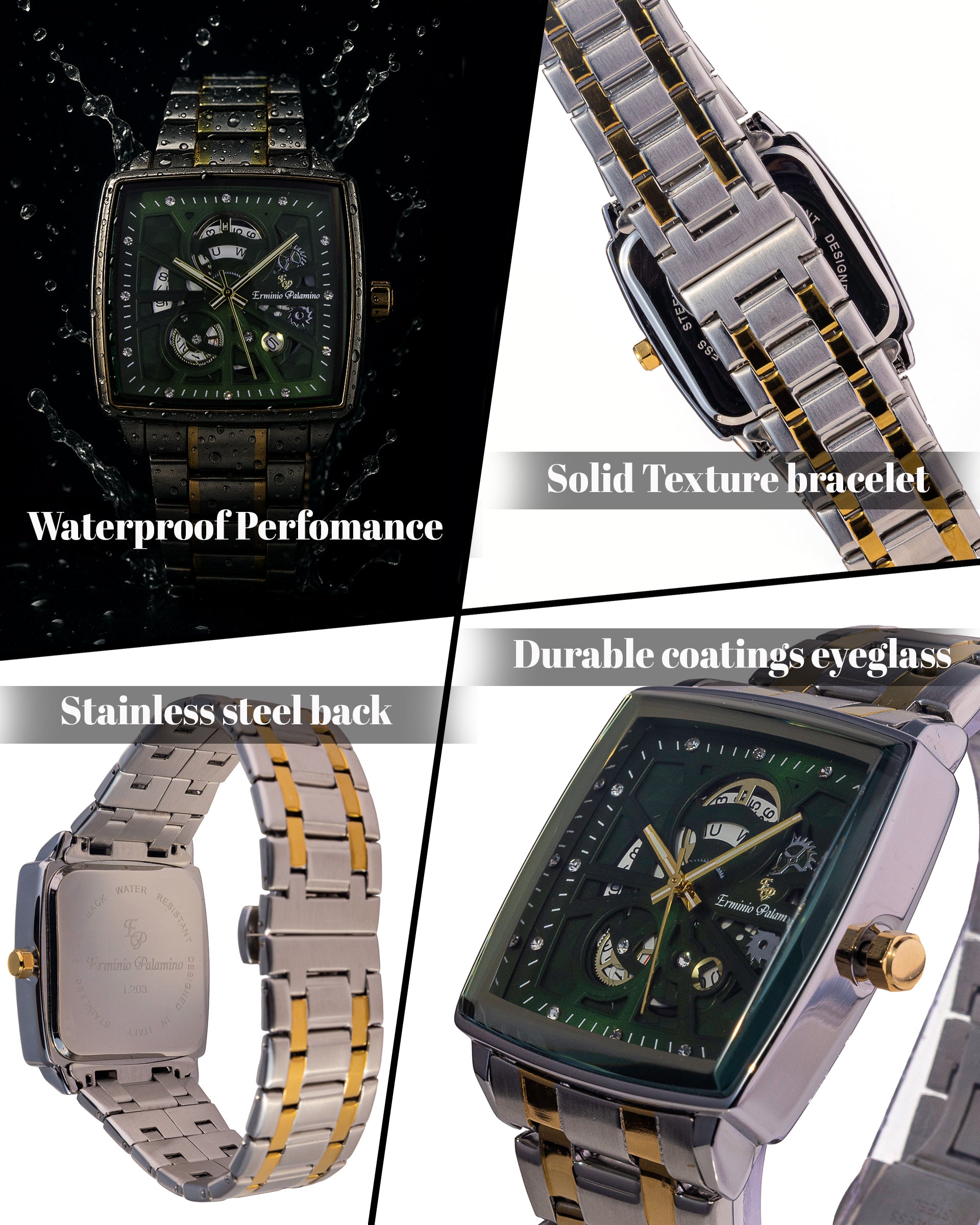 Erminio Palamino Royale - Luxury Skeleton Dial Quartz Square Men's Watch with Day-Date Display Stainless Steel Band, Water Resistant