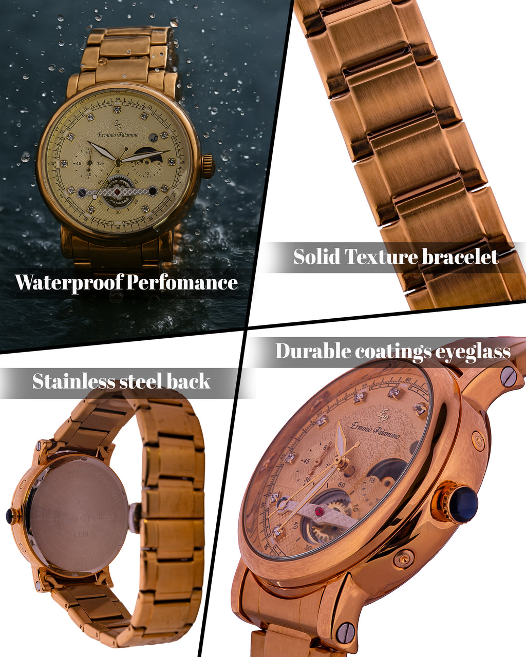 Erminio Palamino Gold-Tone Luxury Watch, Quartz Movement, Dial with Diamond Markers, Stainless Steel Band, Water Resistant