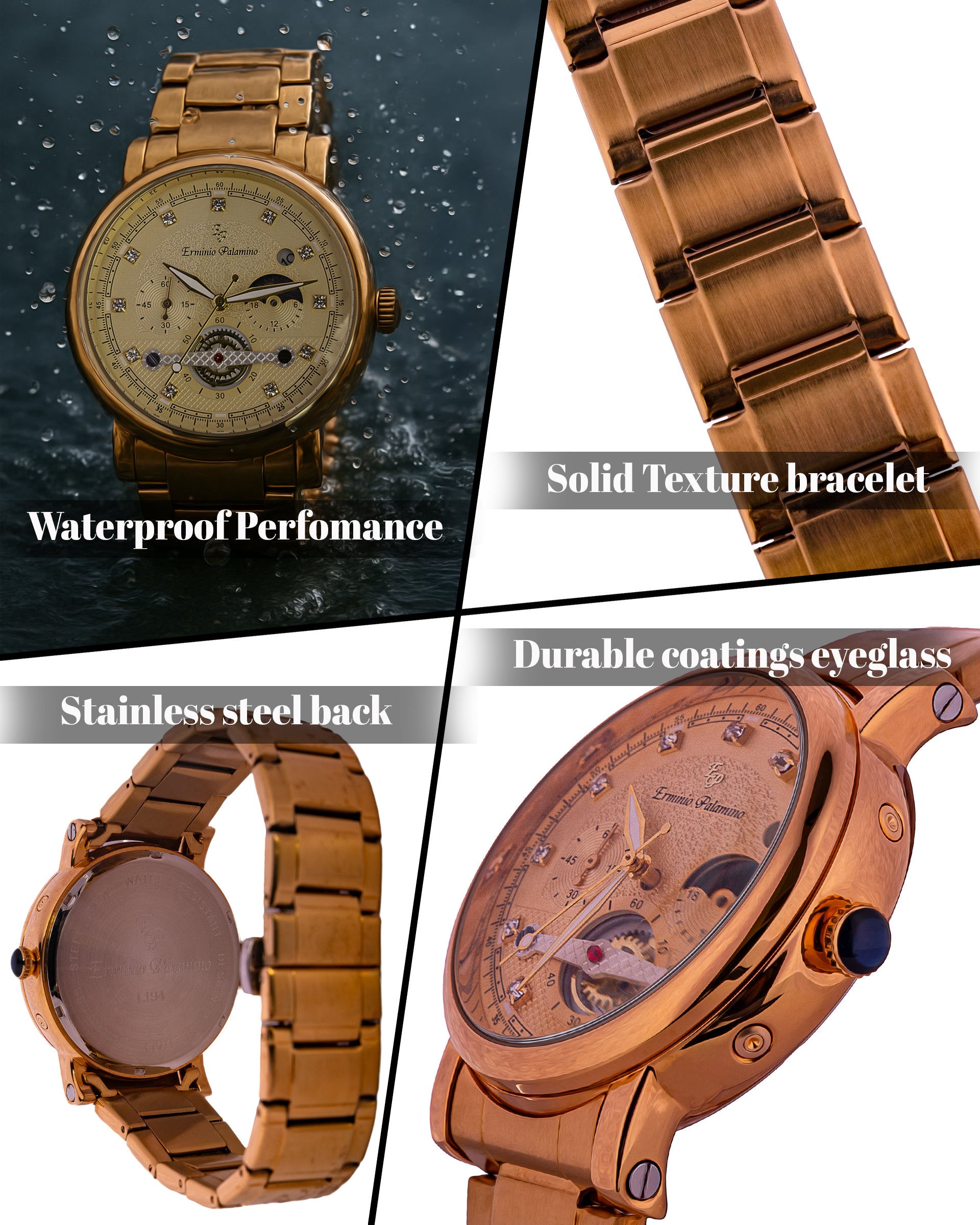 Erminio Palamino Gold-Tone Luxury Watch, Quartz Movement, Dial with Diamond Markers, Stainless Steel Band, Water Resistant