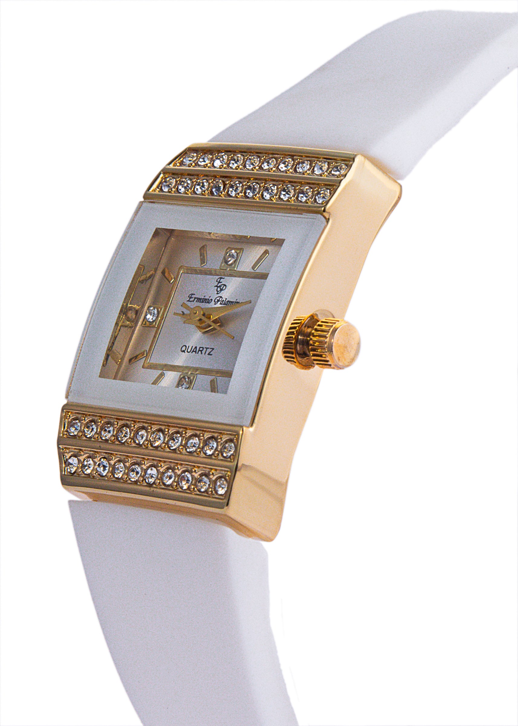 Erminio Palamino Ladies Luxury Quartz Watch, Gold-Tone Crystal Embellished, Vintage Square, Silicone Strap, Water Resistant