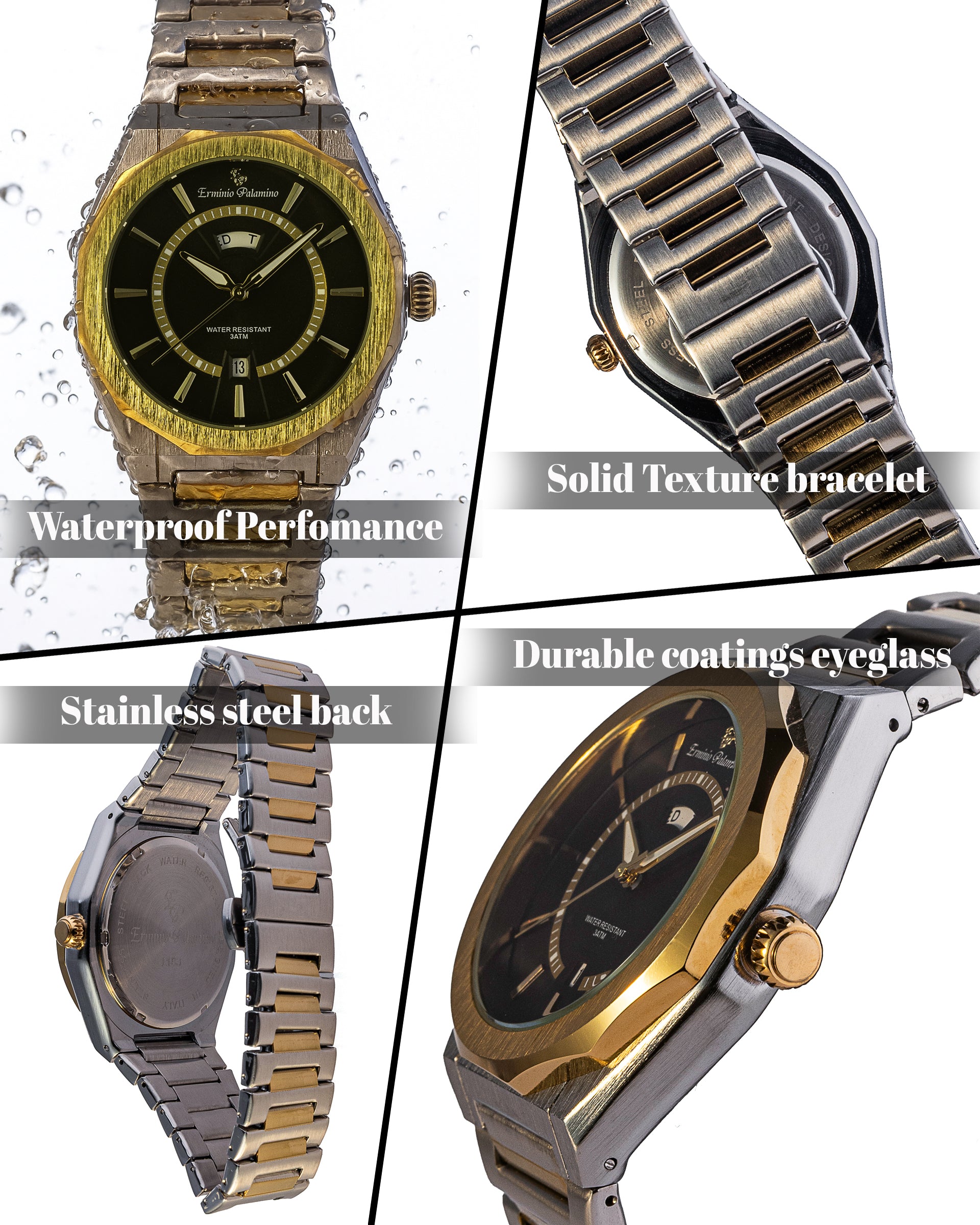 Erminio Palamino Royale Men's Luxury Watch, Two-Tone Gold and Silver, Textured Dial with Date Display, Water Resistant