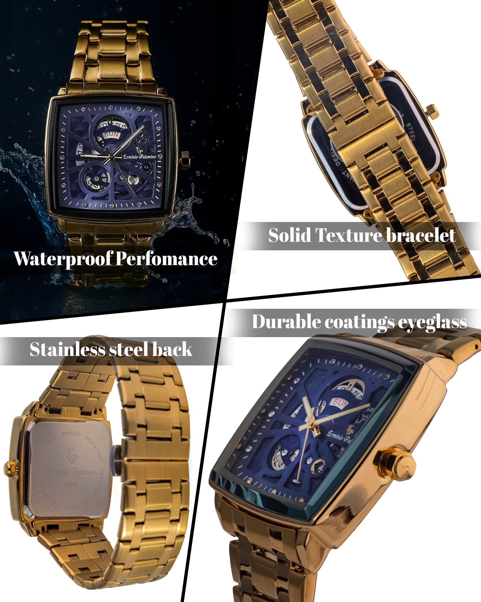 Erminio Palamino Royale - Luxury Skeleton Dial Quartz Square Men's Watch with Day-Date Display Stainless Steel Band, Water Resistant