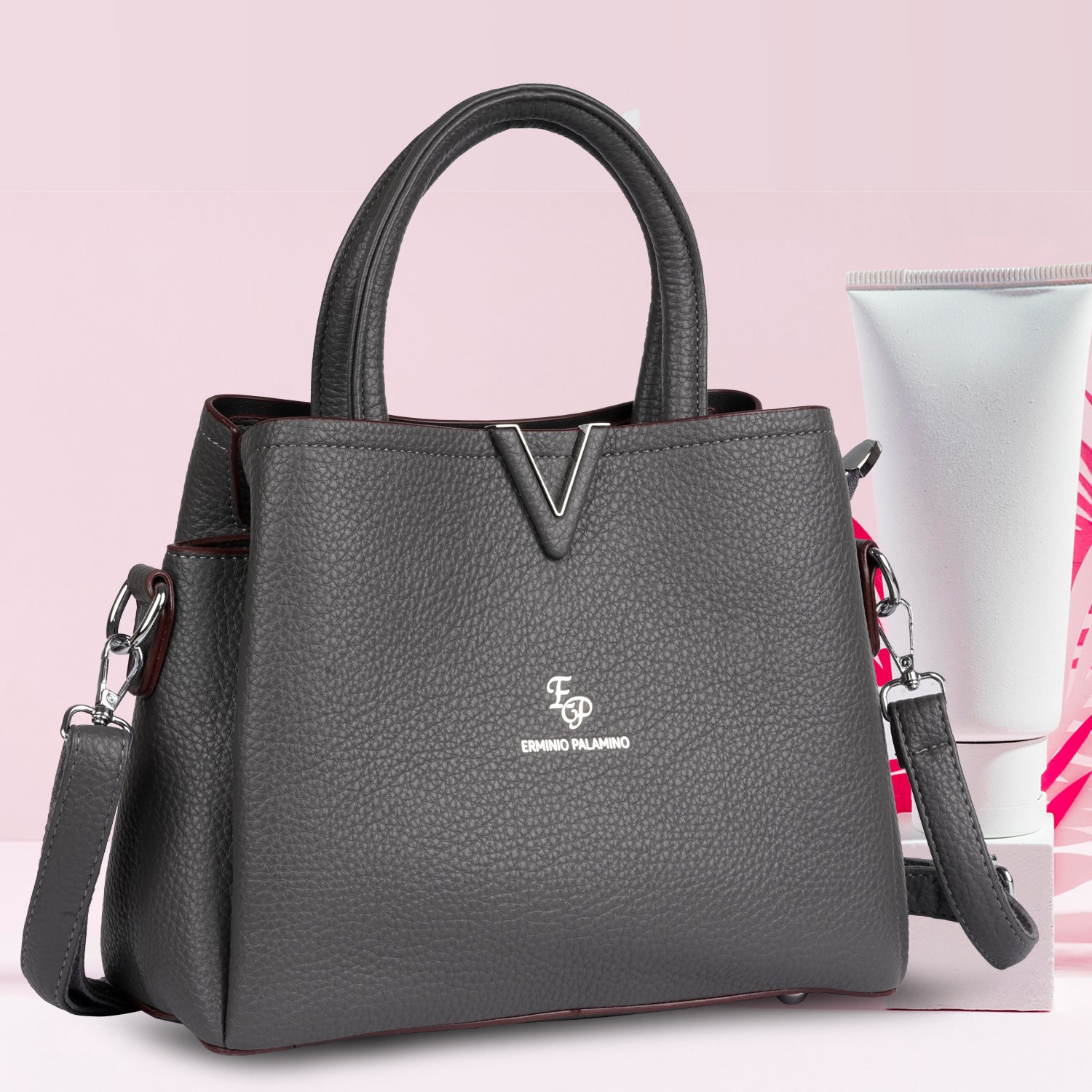 Erminio Palamino Premium Leather Handbag, Textured Tote with V-Detail, Double Handle Shoulder Bag with Zip Closure