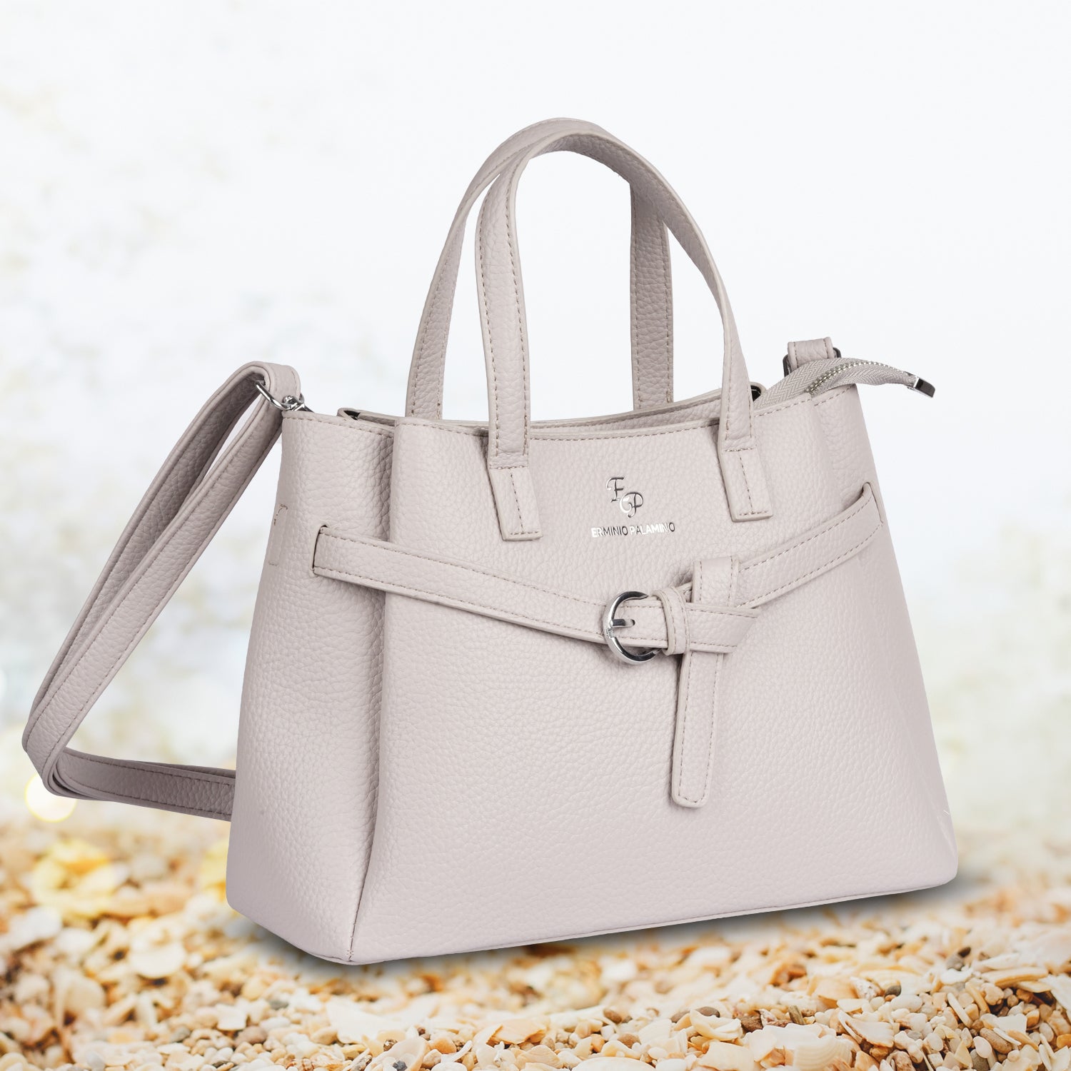 Erminio Palamino Luxury Classic PU Leather Tote Handbag, Silver Buckle Detail, Multiple Compartments