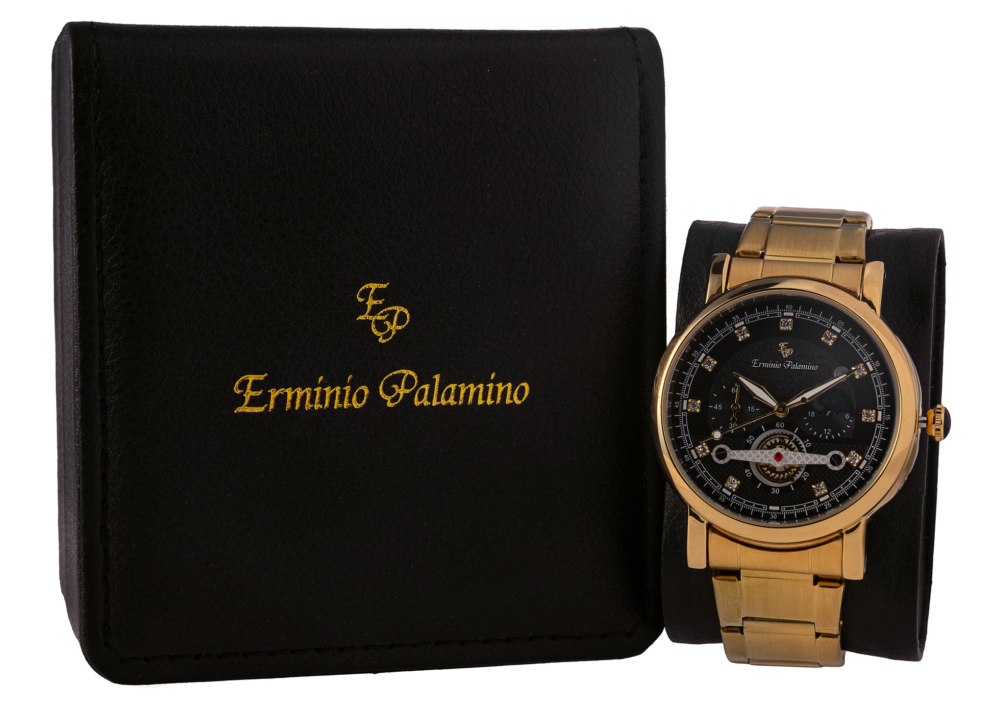 Erminio Palamino Gold-Tone Luxury Watch, Quartz Movement, Dial with Diamond Markers, Stainless Steel Band, Water Resistant