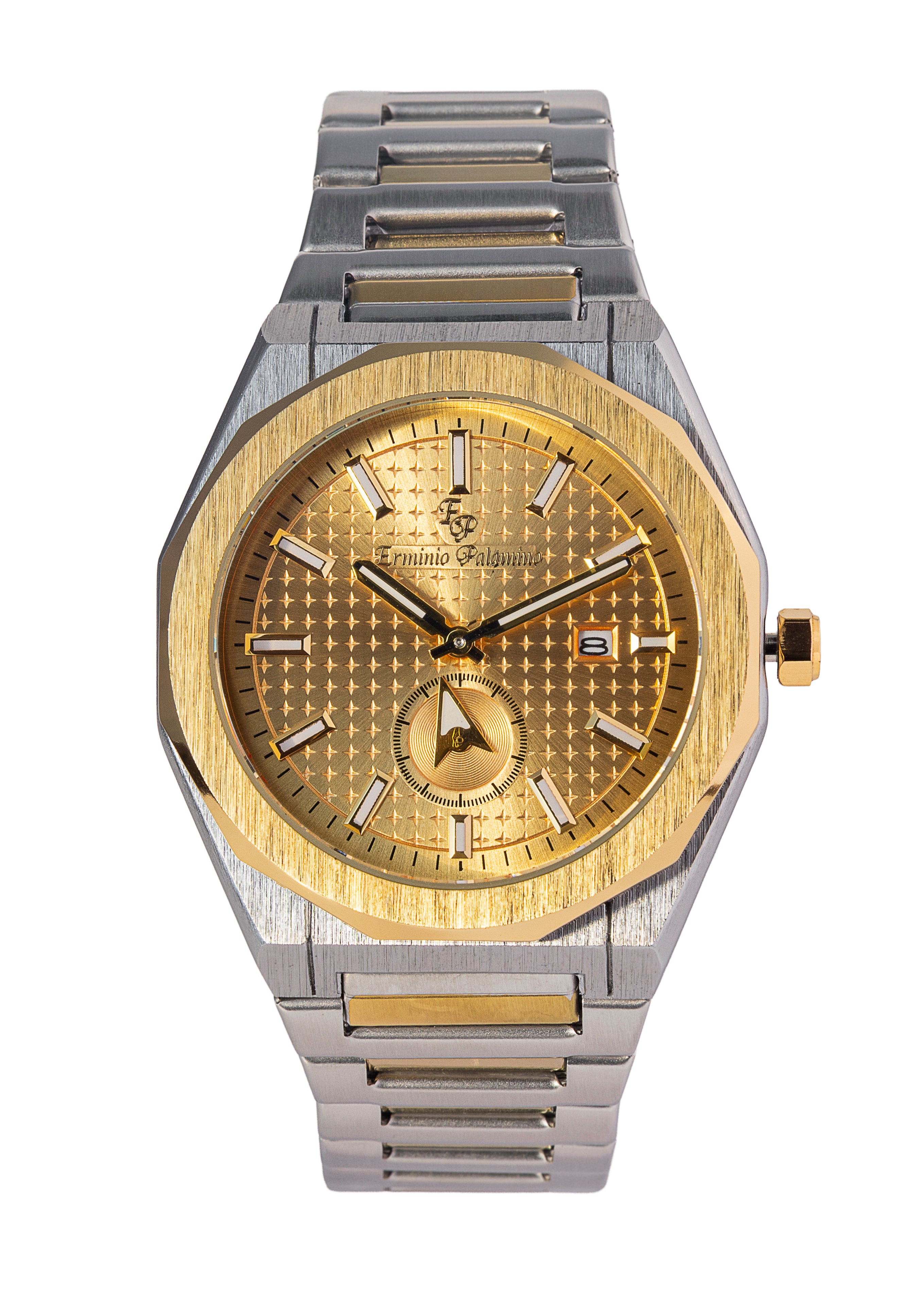 Erminio Palamino Royale Men's Luxury Watch, Two-Tone Gold and Silver, Textured Dial with Date Display, Water Resistant