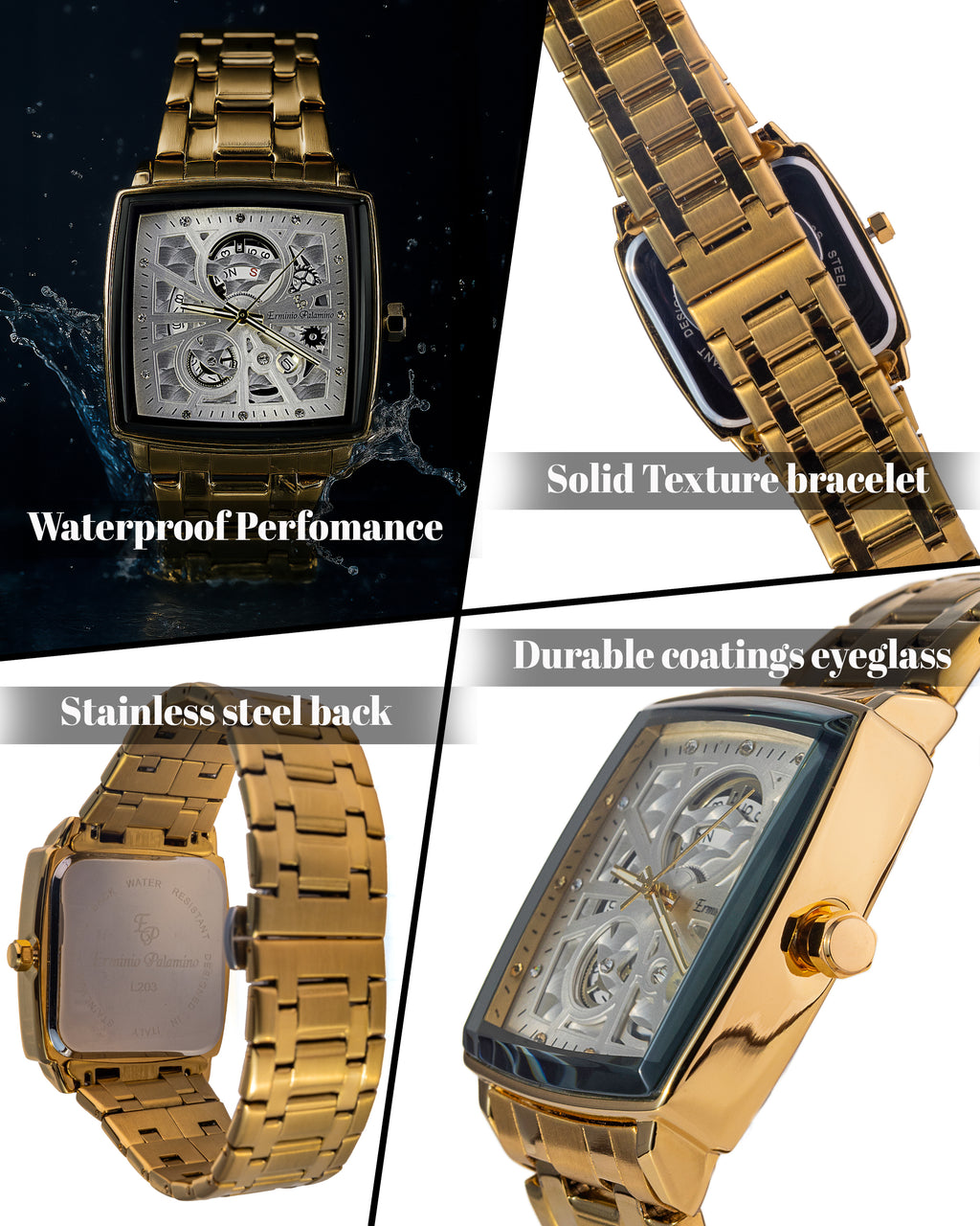 Erminio Palamino Royale - Luxury Skeleton Dial Quartz Square Men's Watch with Day-Date Display Stainless Steel Band, Water Resistant