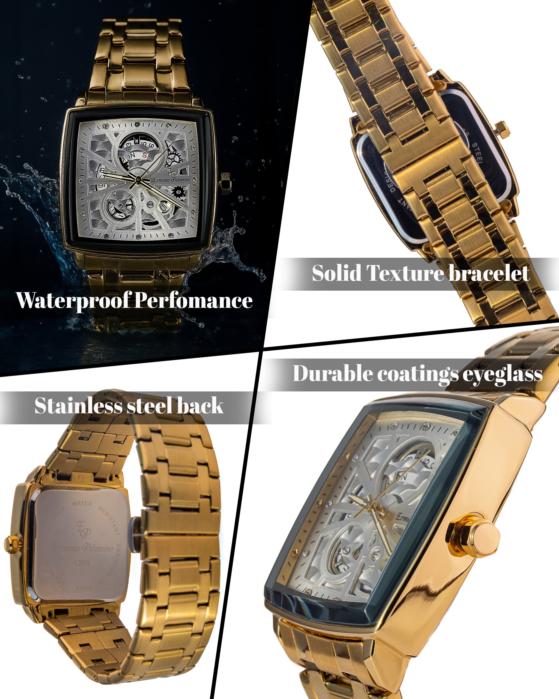 Erminio Palamino Royale - Luxury Skeleton Dial Quartz Square Men's Watch with Day-Date Display Stainless Steel Band, Water Resistant