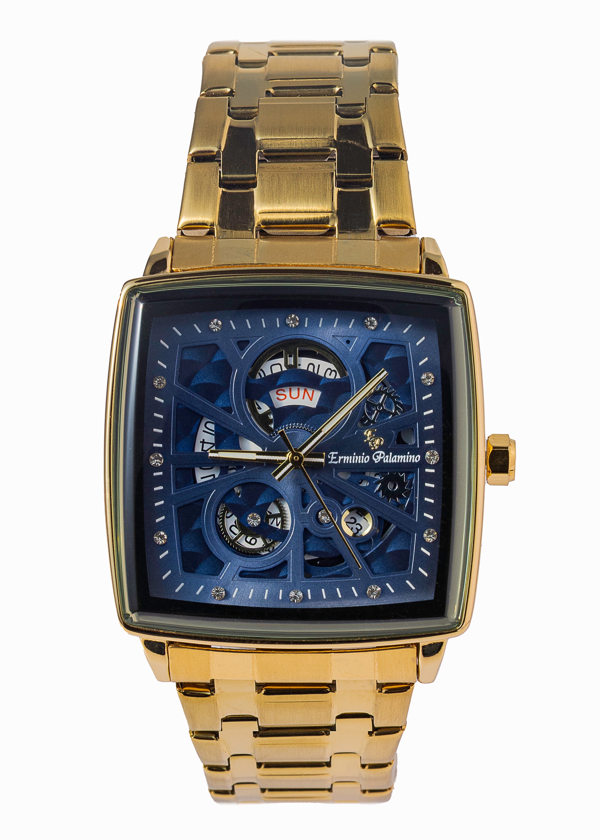 Erminio Palamino Royale - Luxury Skeleton Dial Quartz Square Men's Watch with Day-Date Display Stainless Steel Band, Water Resistant