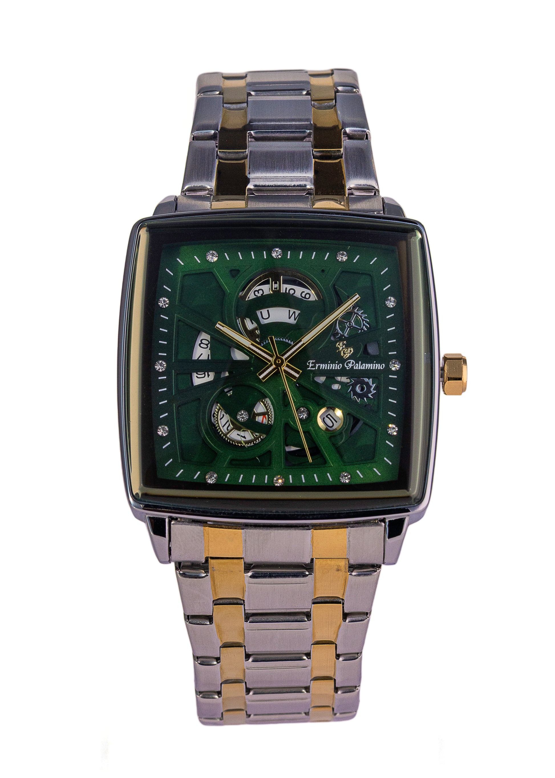 Erminio Palamino Royale - Luxury Skeleton Dial Quartz Square Men's Watch with Day-Date Display Stainless Steel Band, Water Resistant