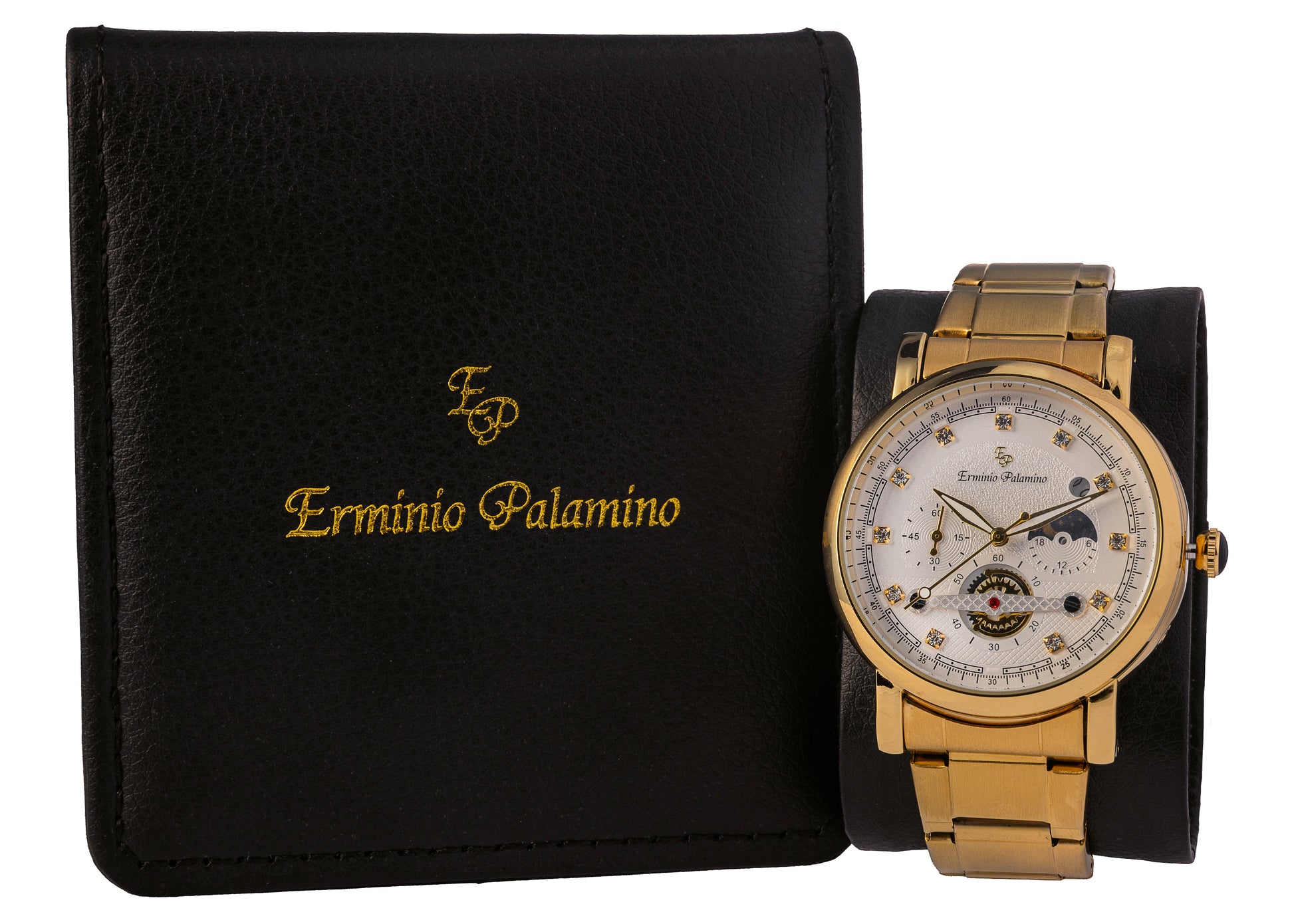 Erminio Palamino Gold-Tone Luxury Watch, Quartz Movement, Dial with Diamond Markers, Stainless Steel Band, Water Resistant