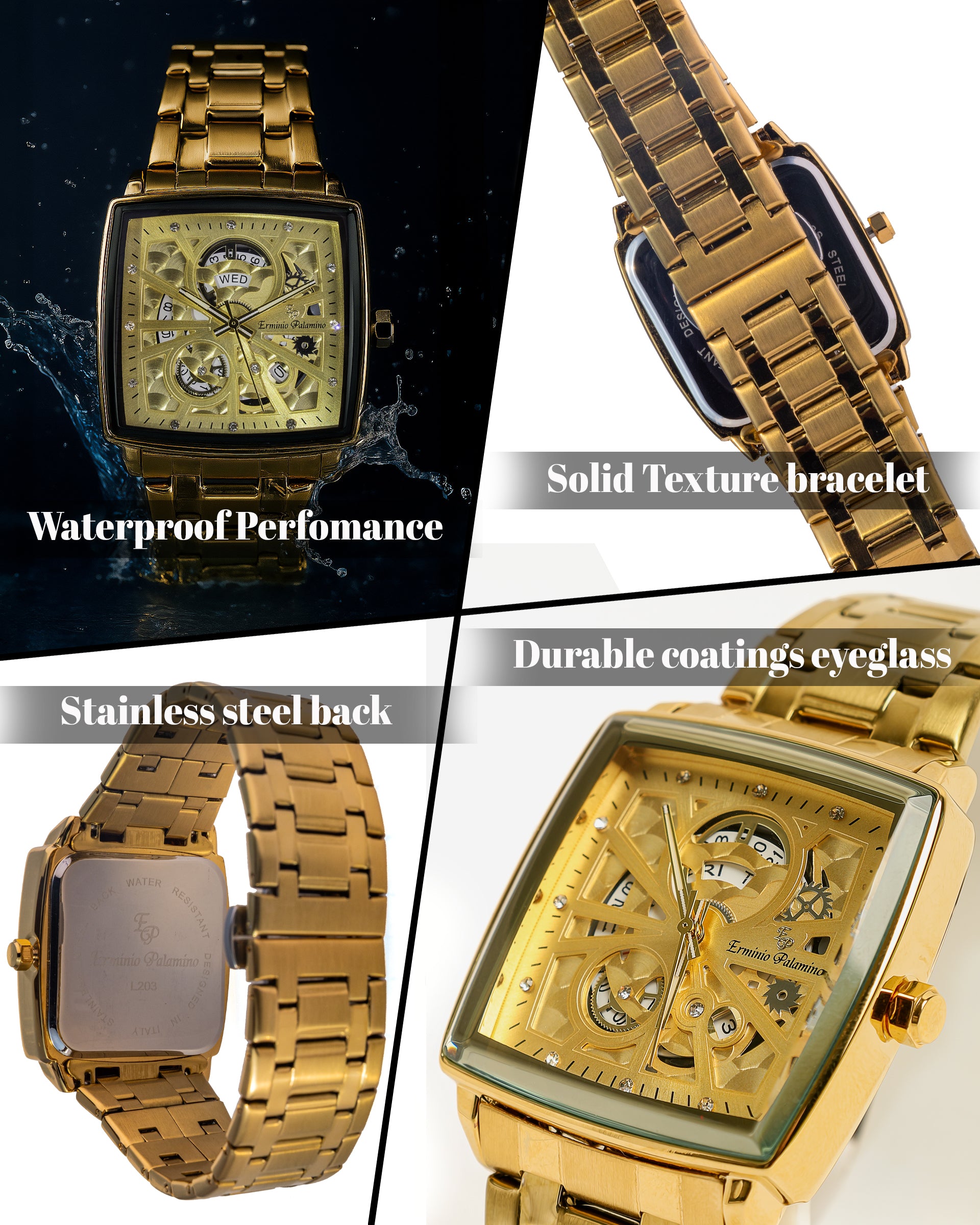 Erminio Palamino Royale - Luxury Skeleton Dial Quartz Square Men's Watch with Day-Date Display Stainless Steel Band, Water Resistant