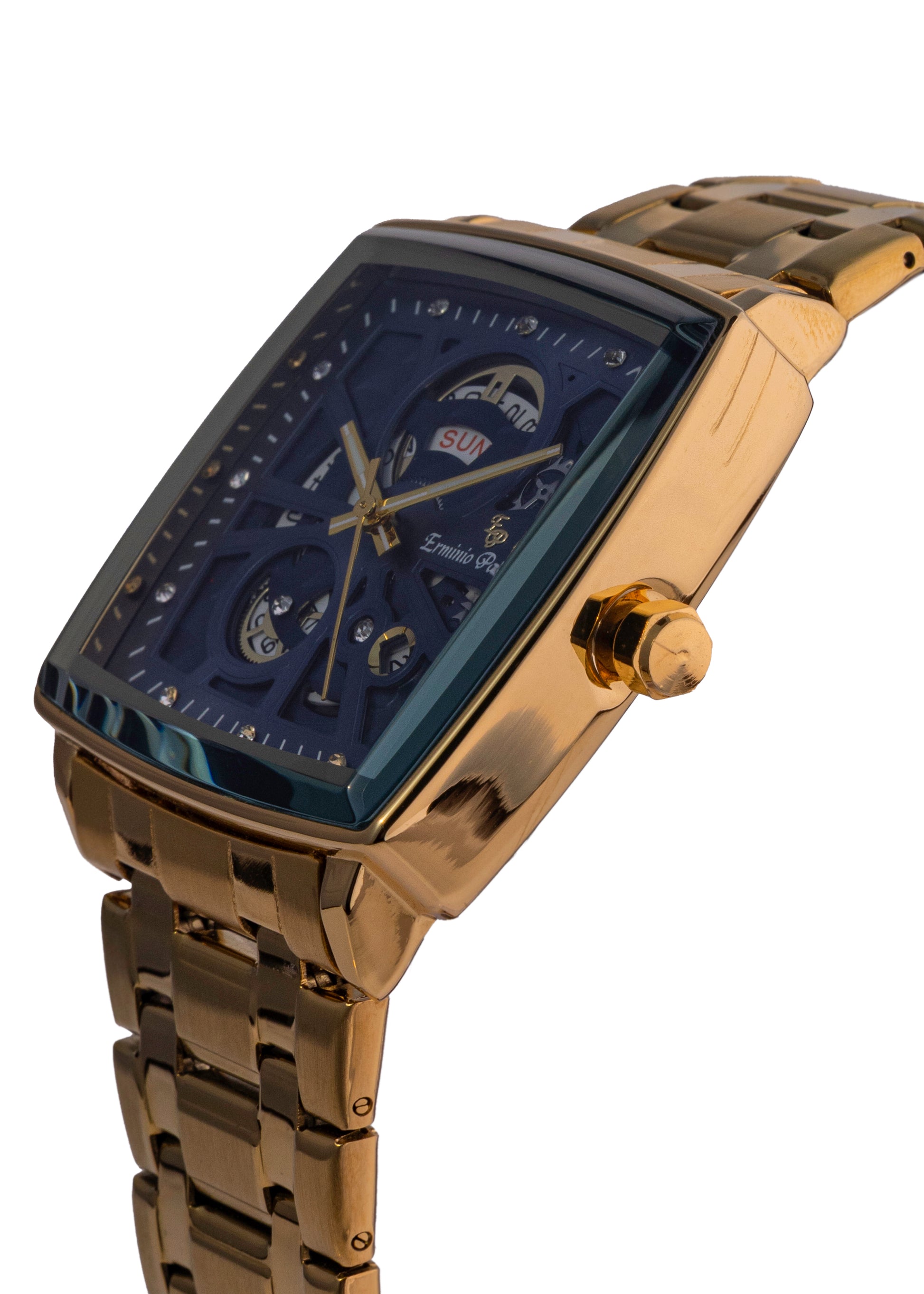 Erminio Palamino Royale - Luxury Skeleton Dial Quartz Square Men's Watch with Day-Date Display Stainless Steel Band, Water Resistant