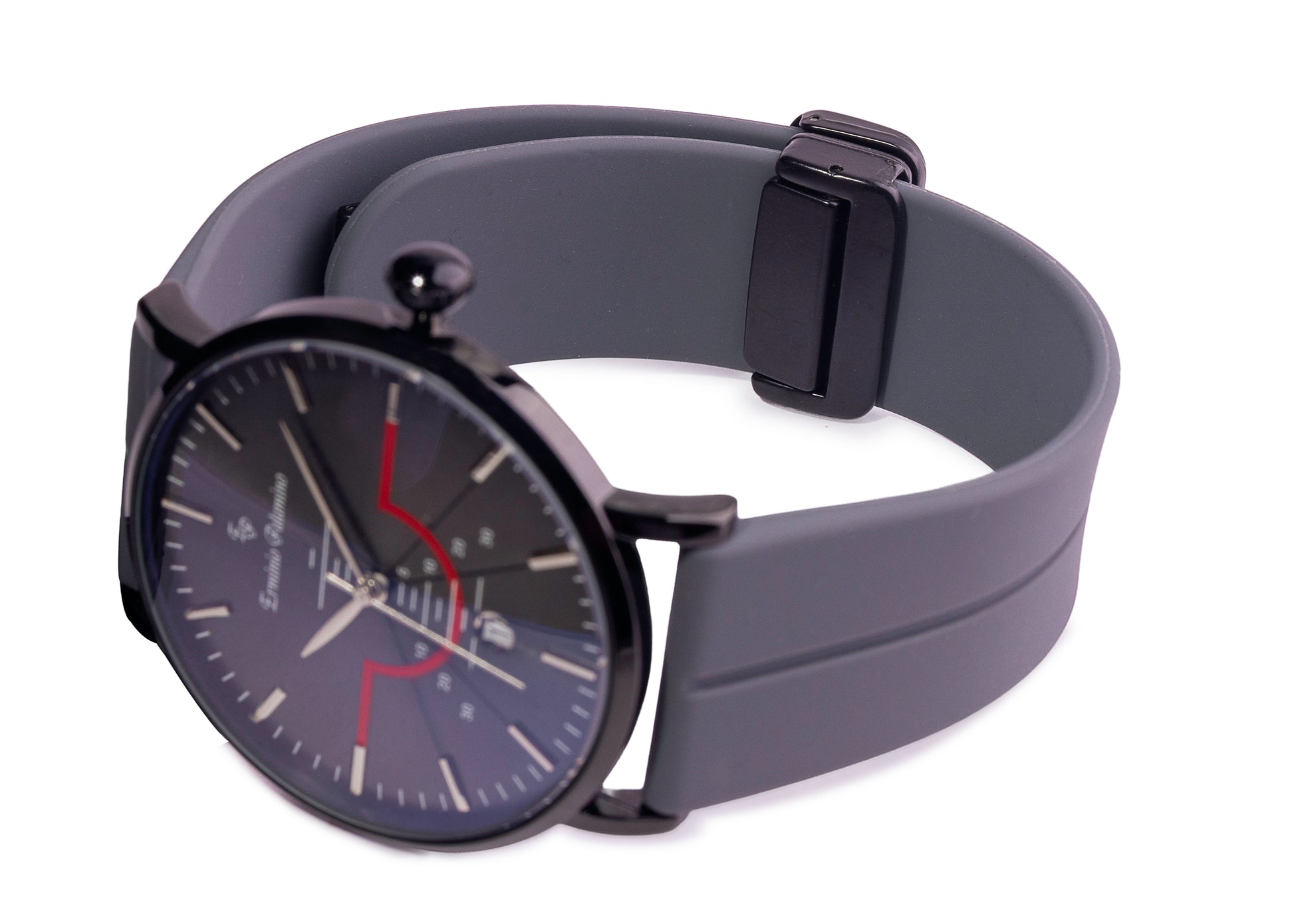 Erminio Palamino Men's Sleek Analog Watch, Modern Dial with Red Accent, Silicone Magnetic Band, Date Display, Water Resistant
