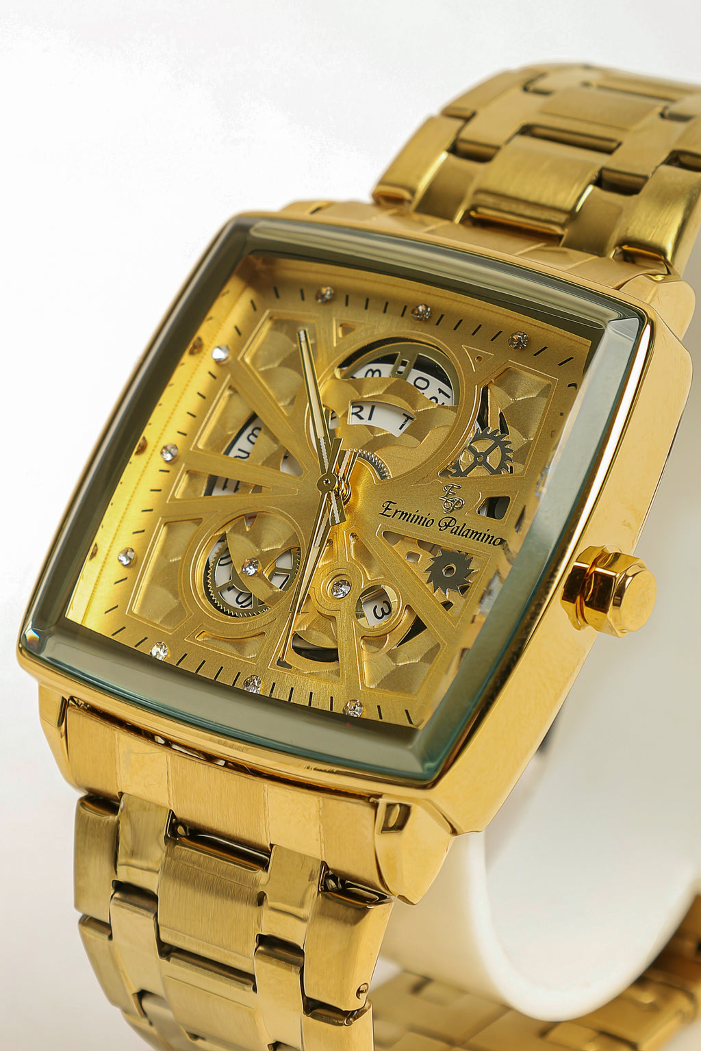 Erminio Palamino Royale - Luxury Skeleton Dial Quartz Square Men's Watch with Day-Date Display Stainless Steel Band, Water Resistant