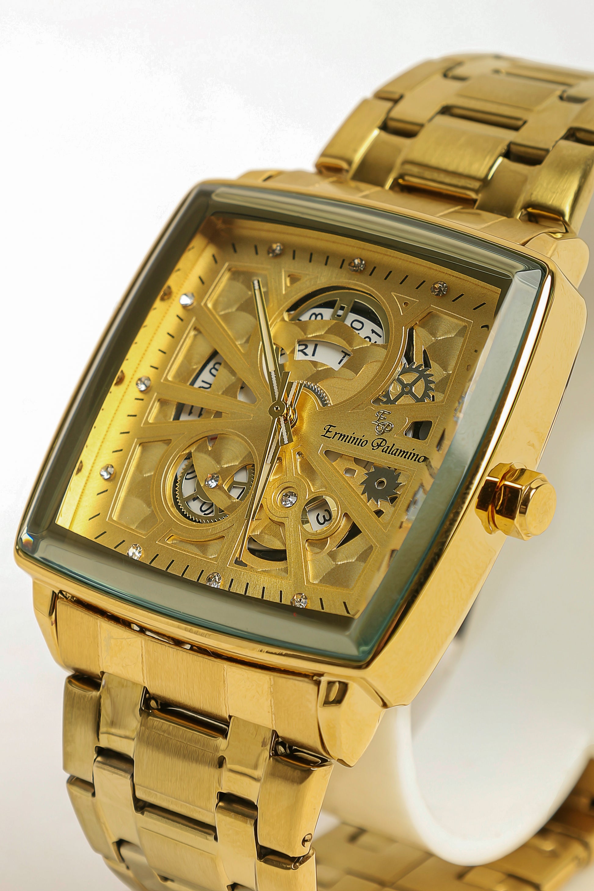 Erminio Palamino Royale - Luxury Skeleton Dial Quartz Square Men's Watch with Day-Date Display Stainless Steel Band, Water Resistant