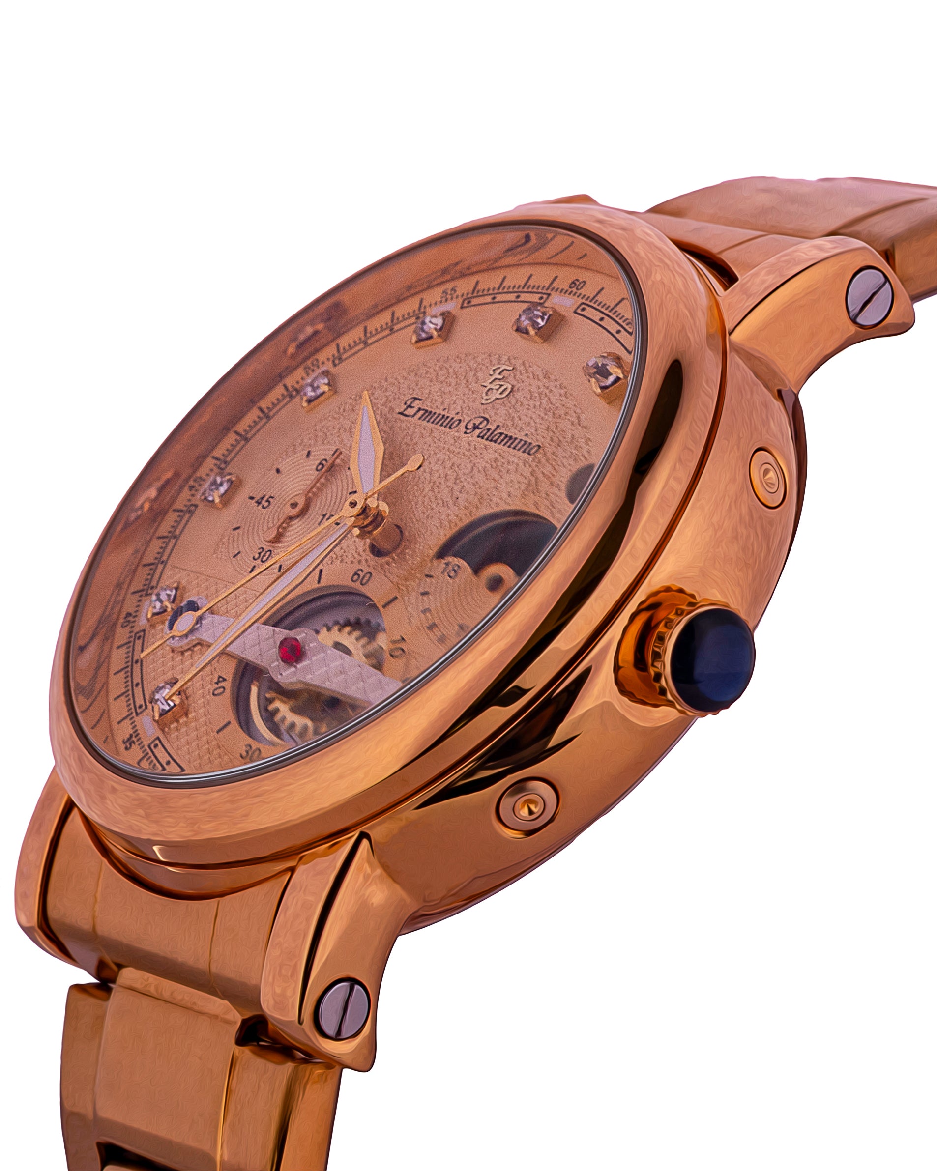 Erminio Palamino Gold-Tone Luxury Watch, Quartz Movement, Dial with Diamond Markers, Stainless Steel Band, Water Resistant