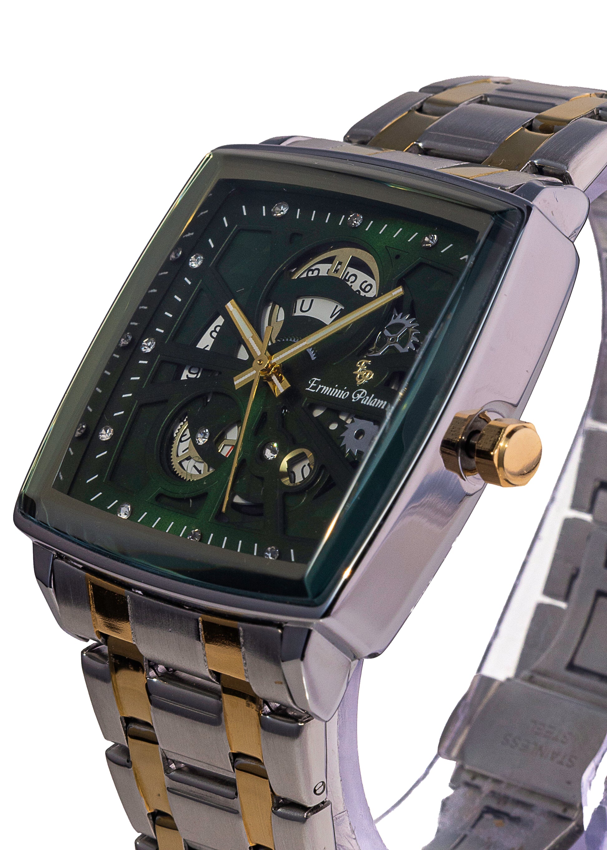 Erminio Palamino Royale - Luxury Skeleton Dial Quartz Square Men's Watch with Day-Date Display Stainless Steel Band, Water Resistant