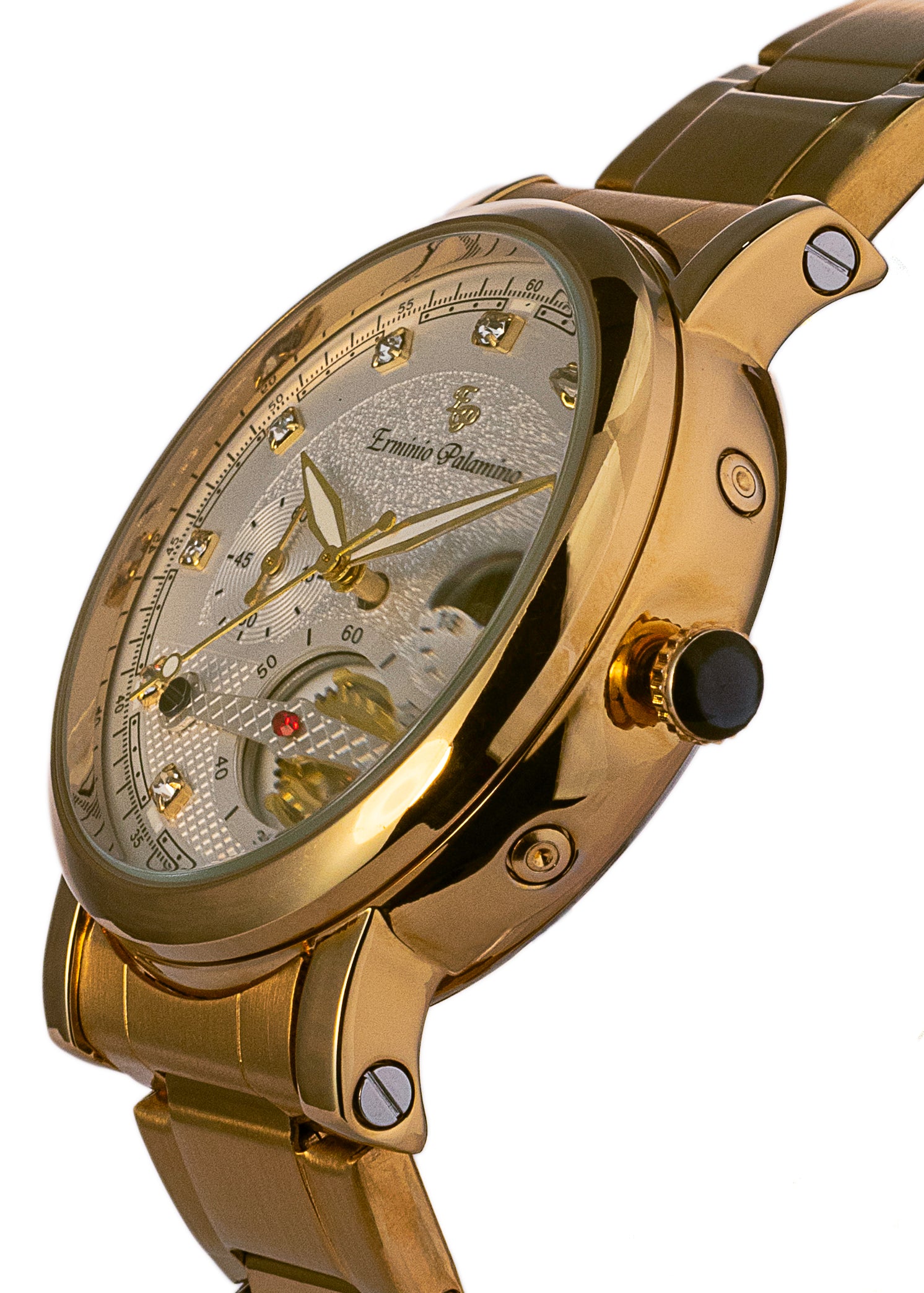 Erminio Palamino Gold-Tone Luxury Watch, Quartz Movement, Dial with Diamond Markers, Stainless Steel Band, Water Resistant