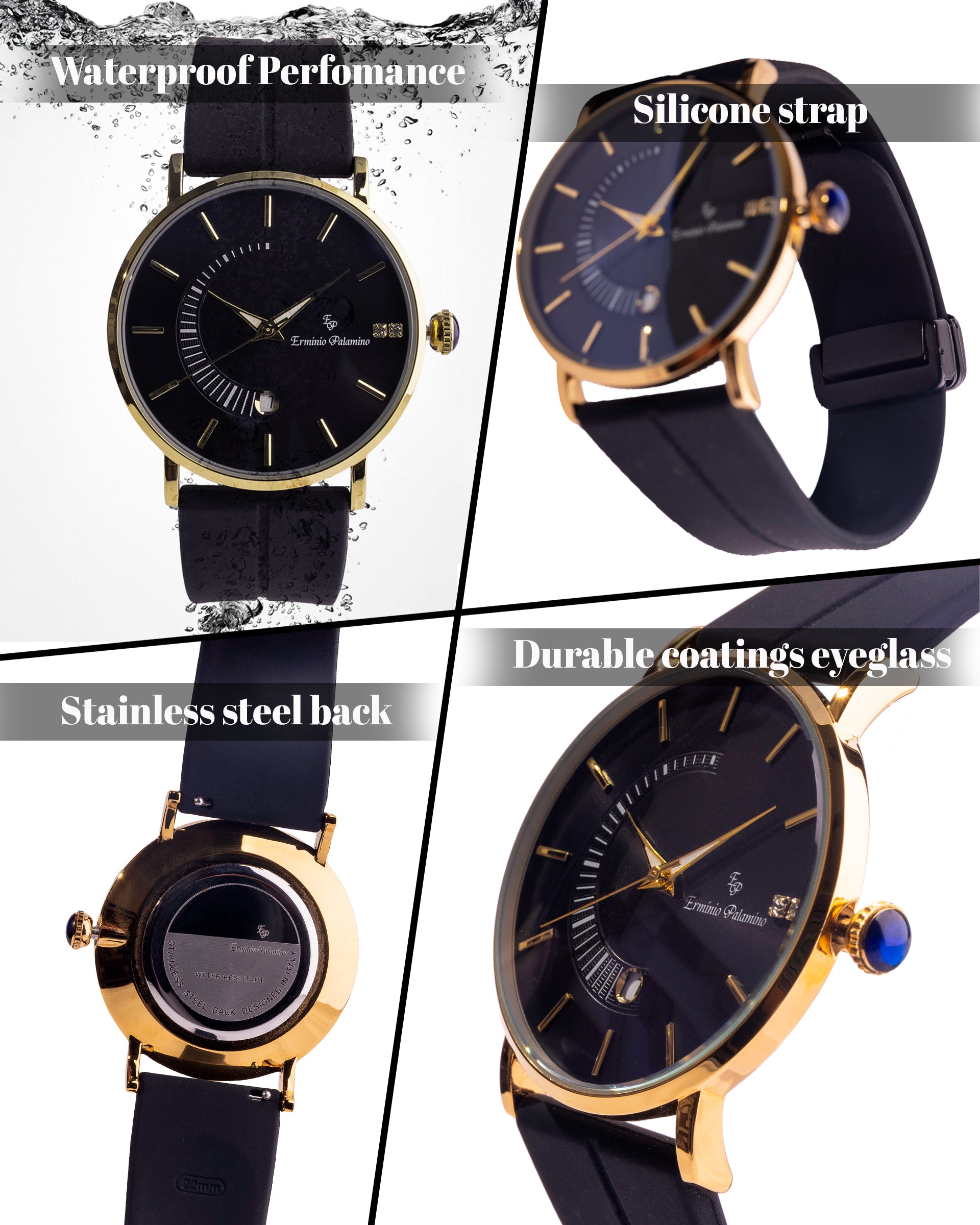 Erminio Palamino Sleek Dial Analog Men's Watch – Gold/Silver-Tone Case, Date Display, Adjustable Silicone Strap, Water Resistant