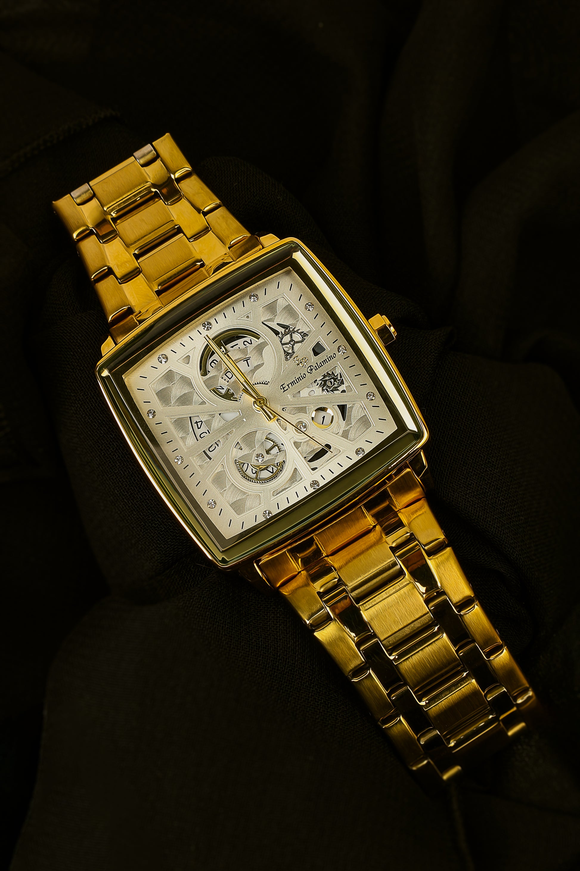 Erminio Palamino Royale - Luxury Skeleton Dial Quartz Square Men's Watch with Day-Date Display Stainless Steel Band, Water Resistant