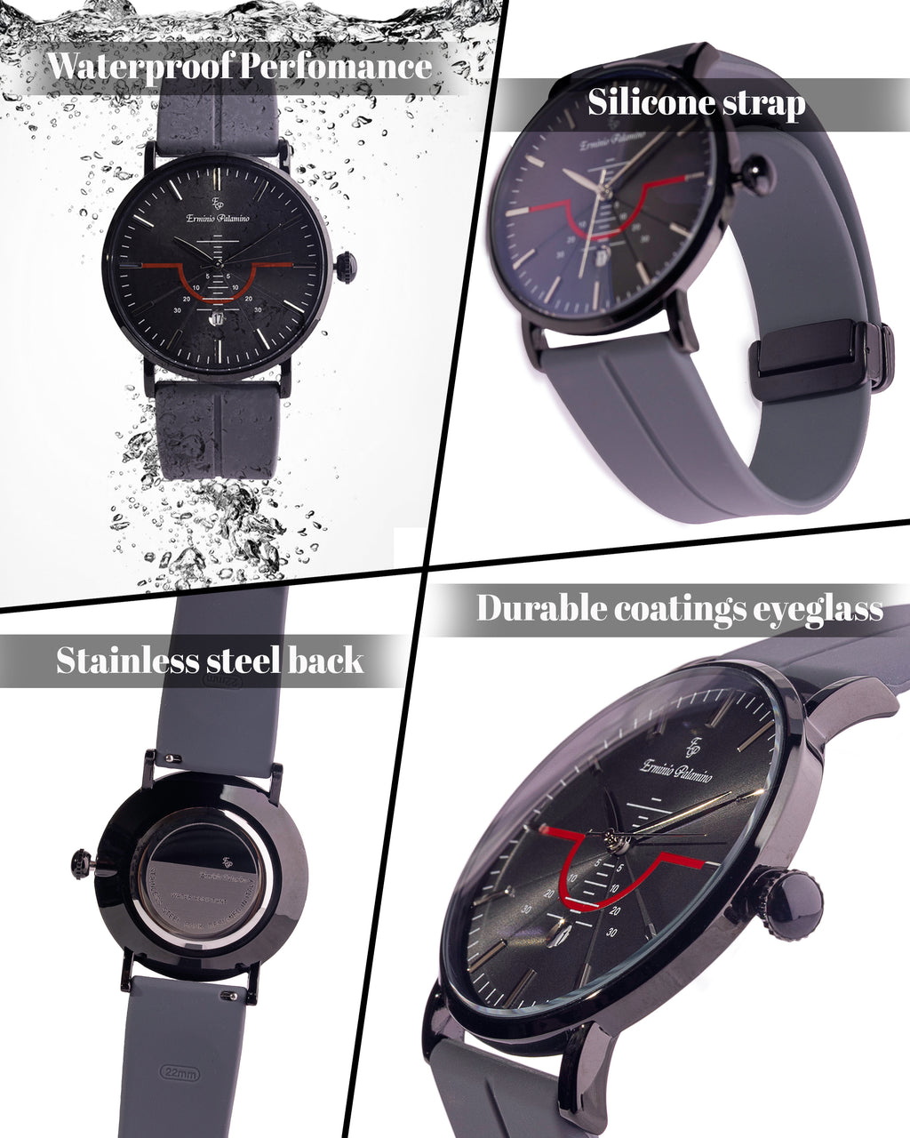 Erminio Palamino Men's Sleek Analog Watch, Modern Dial with Red Accent, Silicone Magnetic Band, Date Display, Water Resistant