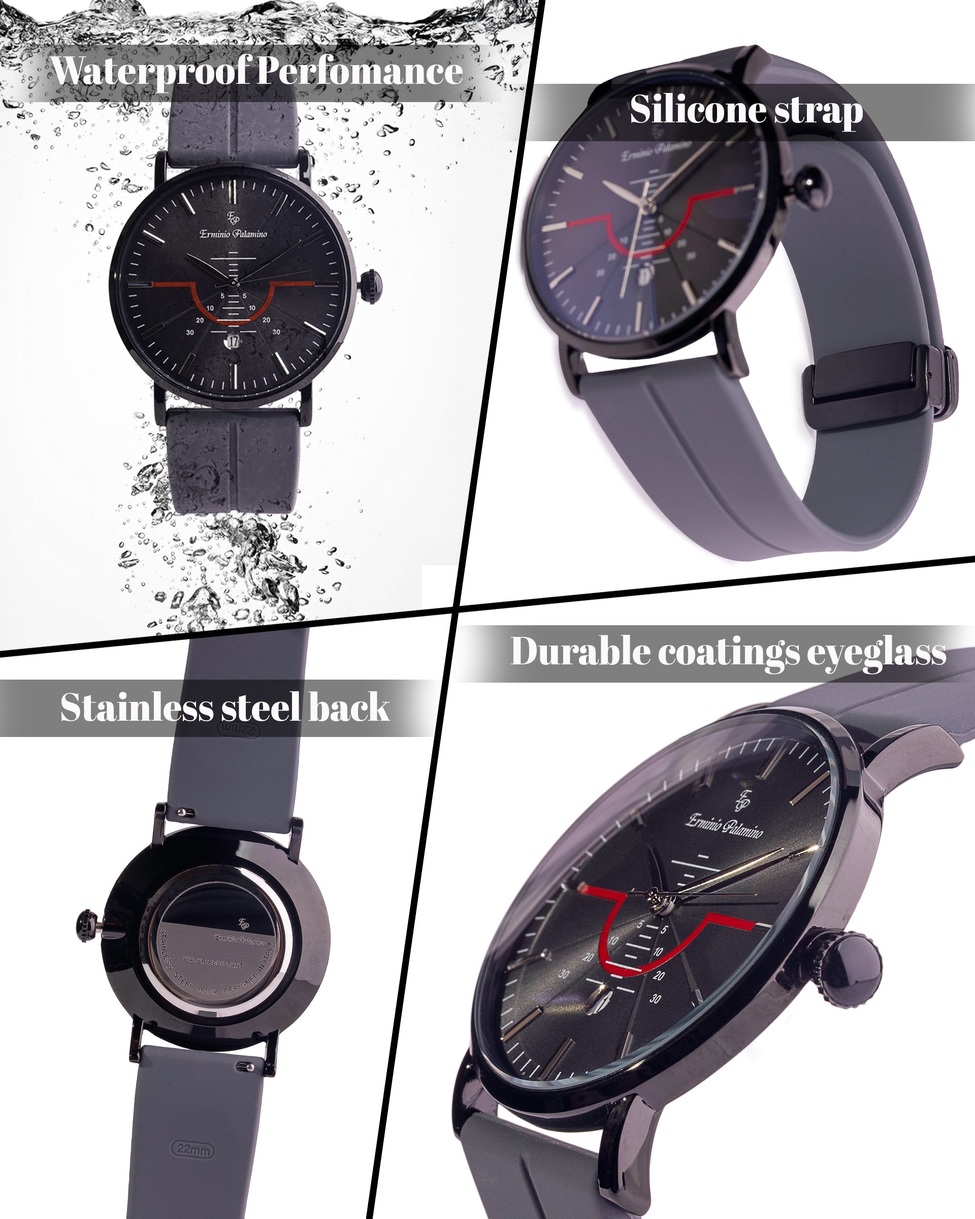 Erminio Palamino Men's Sleek Analog Watch, Modern Dial with Red Accent, Silicone Magnetic Band, Date Display, Water Resistant