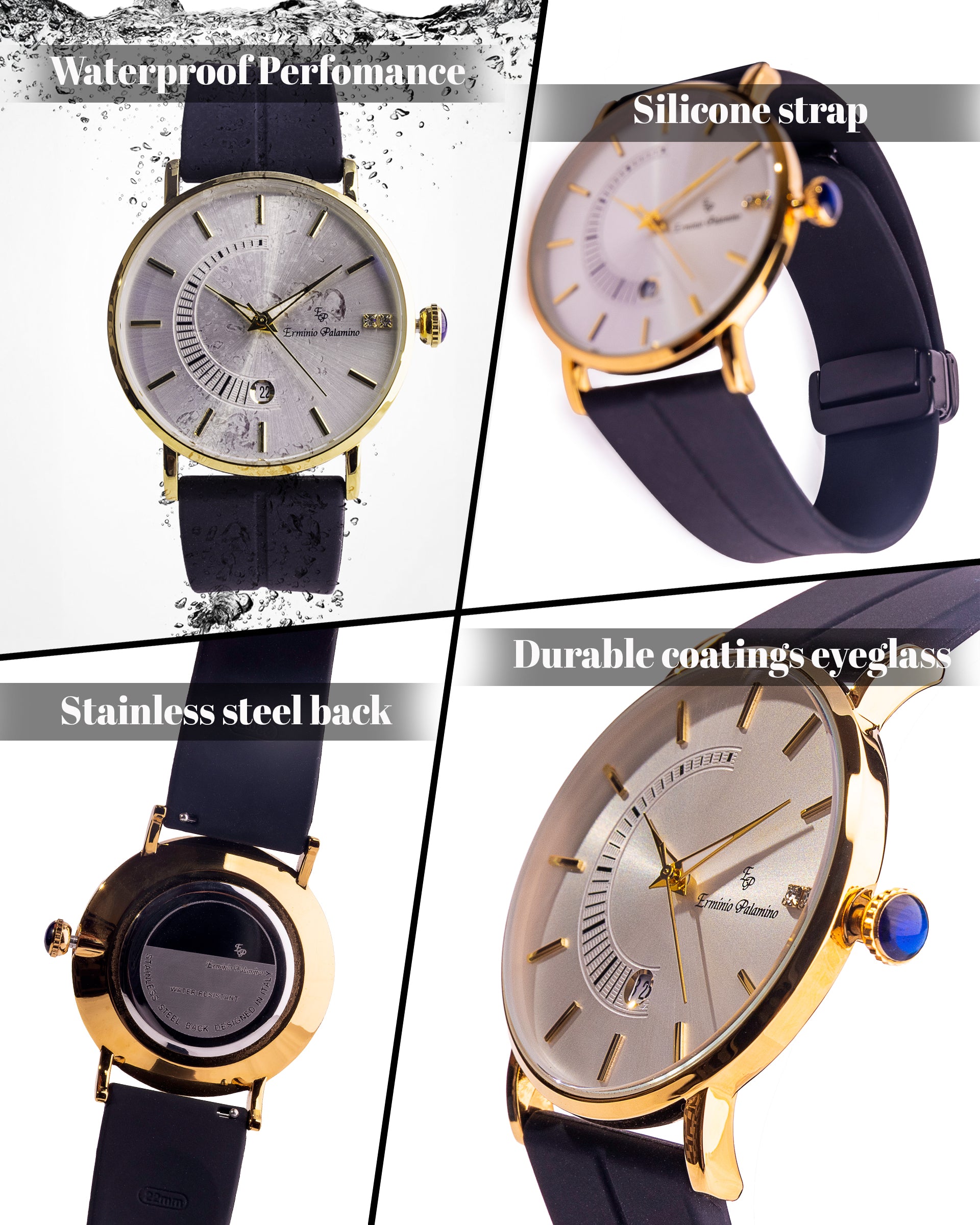 Erminio Palamino Sleek Dial Analog Men's Watch – Gold/Silver-Tone Case, Date Display, Adjustable Silicone Strap, Water Resistant