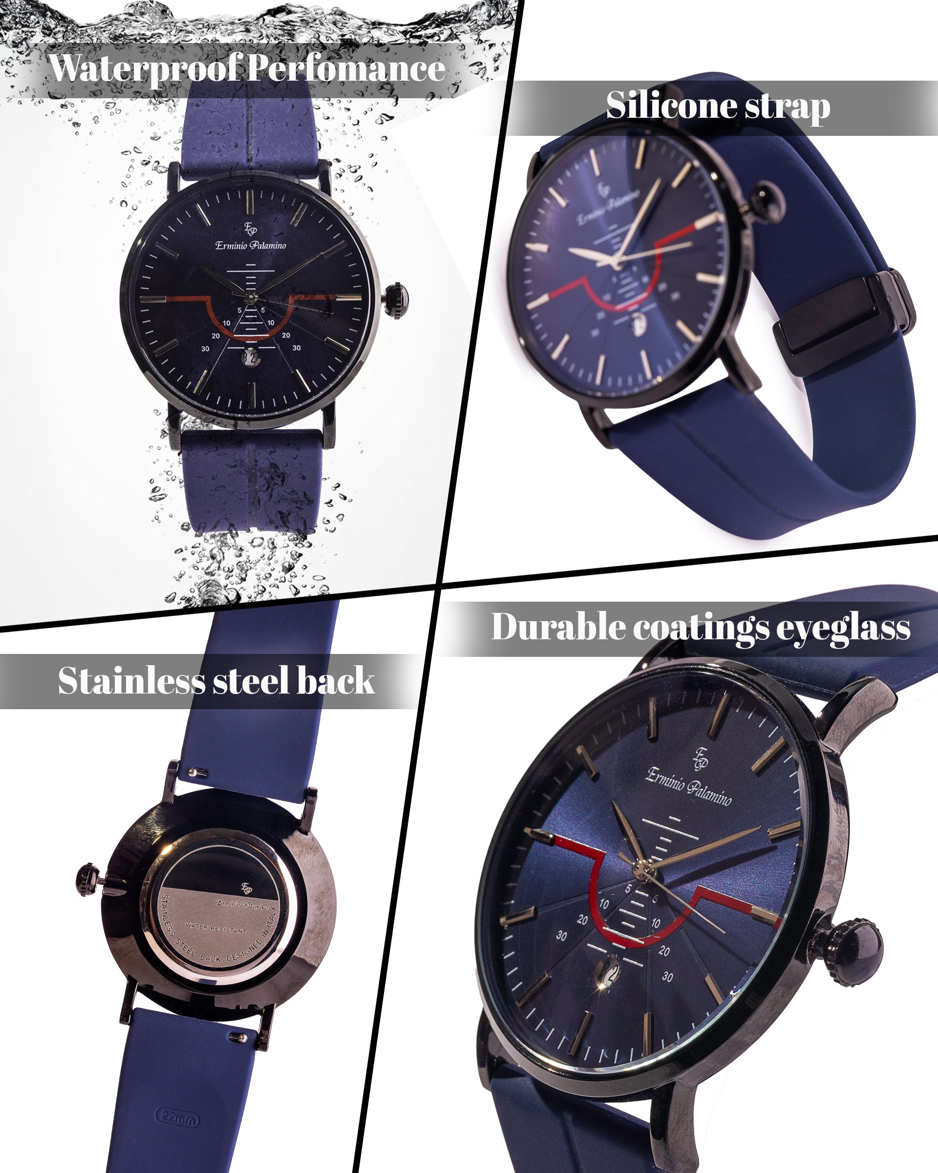 Erminio Palamino Men's Sleek Analog Watch, Modern Dial with Red Accent, Silicone Magnetic Band, Date Display, Water Resistant
