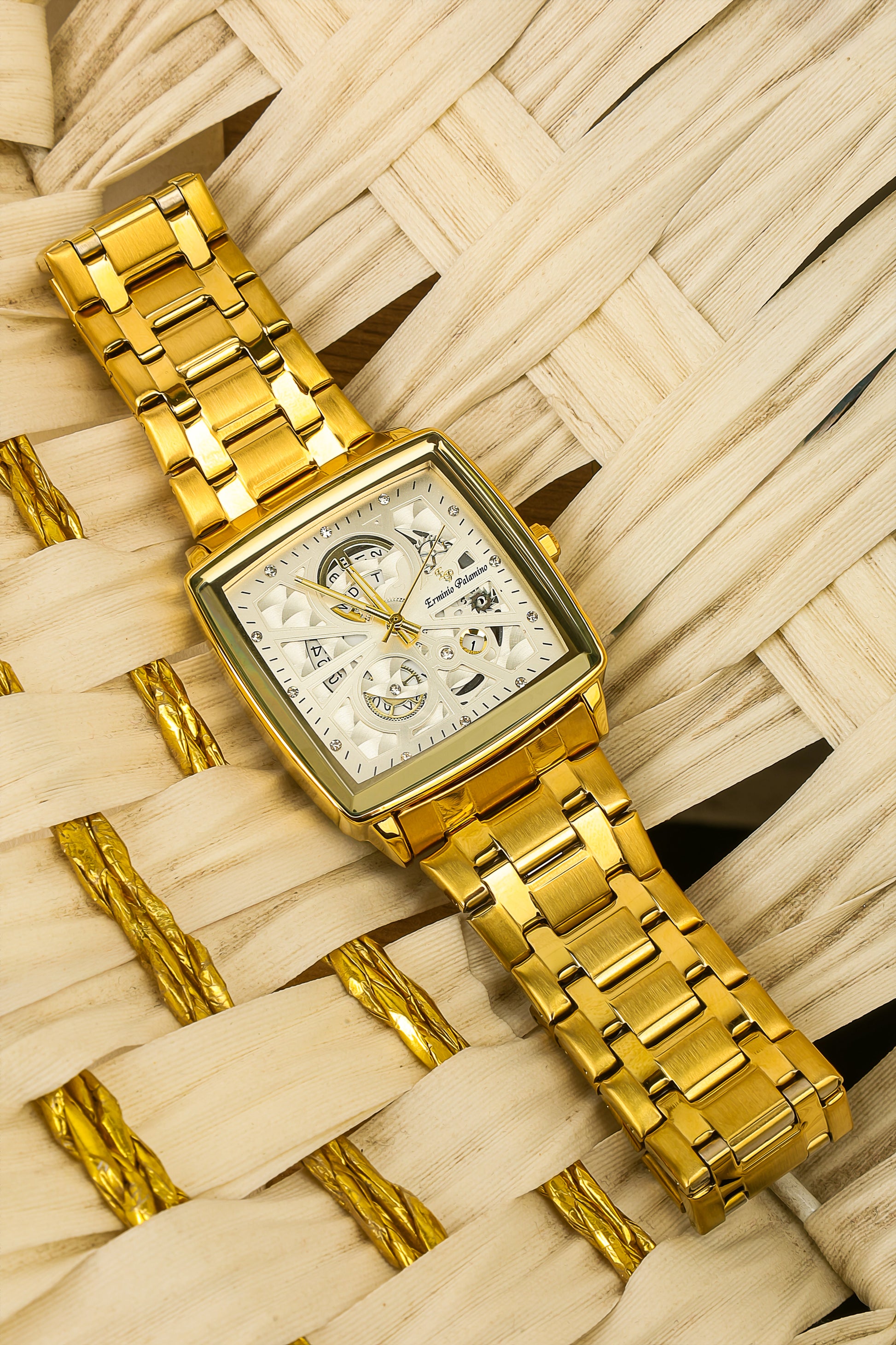 Erminio Palamino Royale - Luxury Skeleton Dial Quartz Square Men's Watch with Day-Date Display Stainless Steel Band, Water Resistant