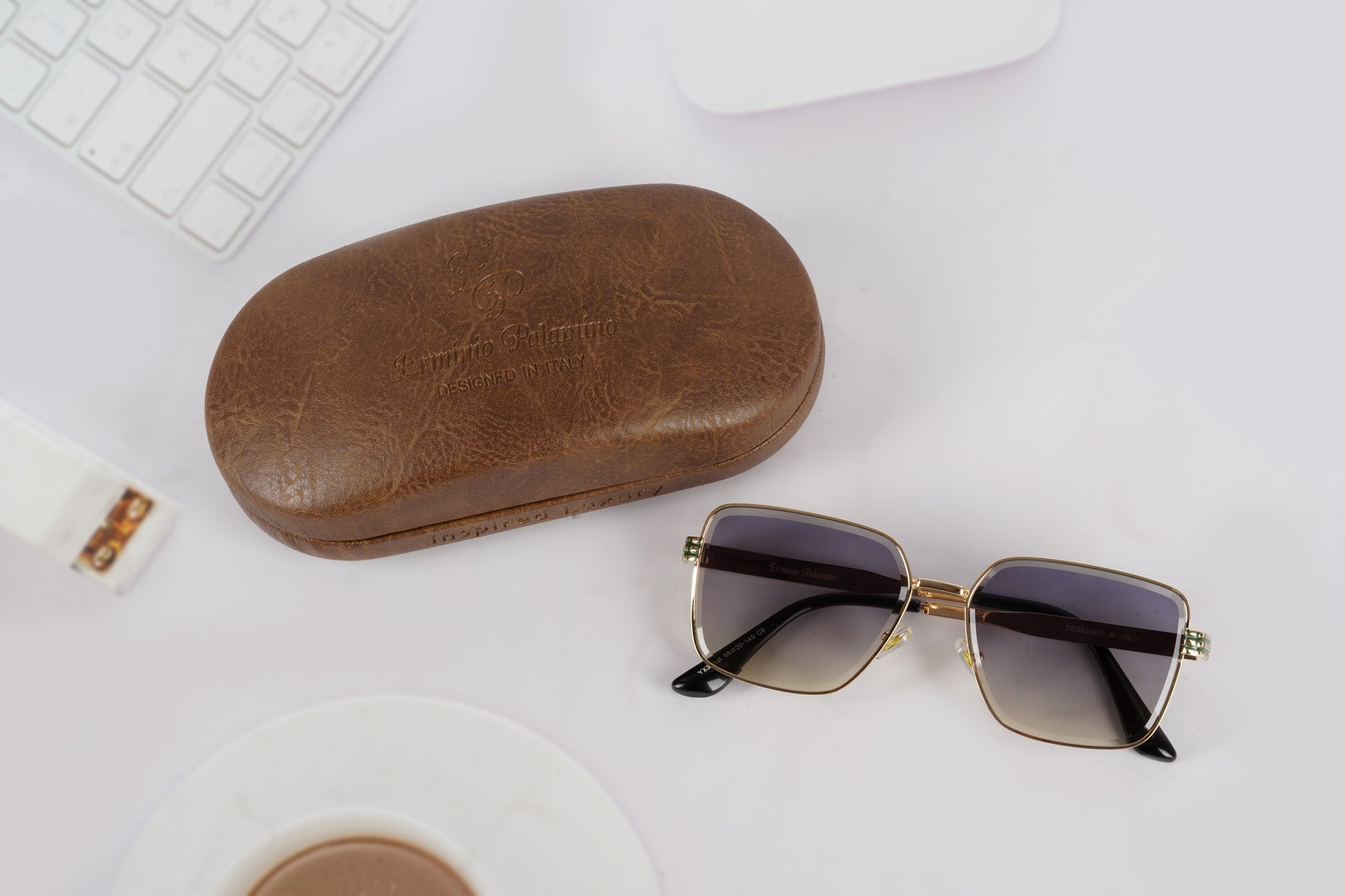 Erminio Palamino "Elite Designer Sunglasses, Square Frame, Black Metal Arms with Decorative Detail, Dark Lens