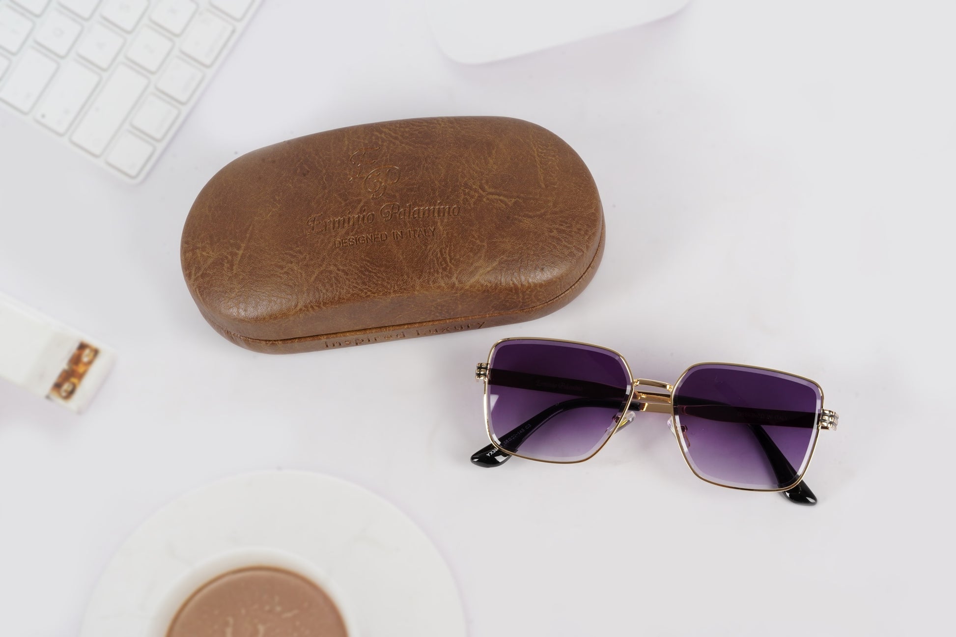 Erminio Palamino "Elite Designer Sunglasses, Square Frame, Black Metal Arms with Decorative Detail, Dark Lens