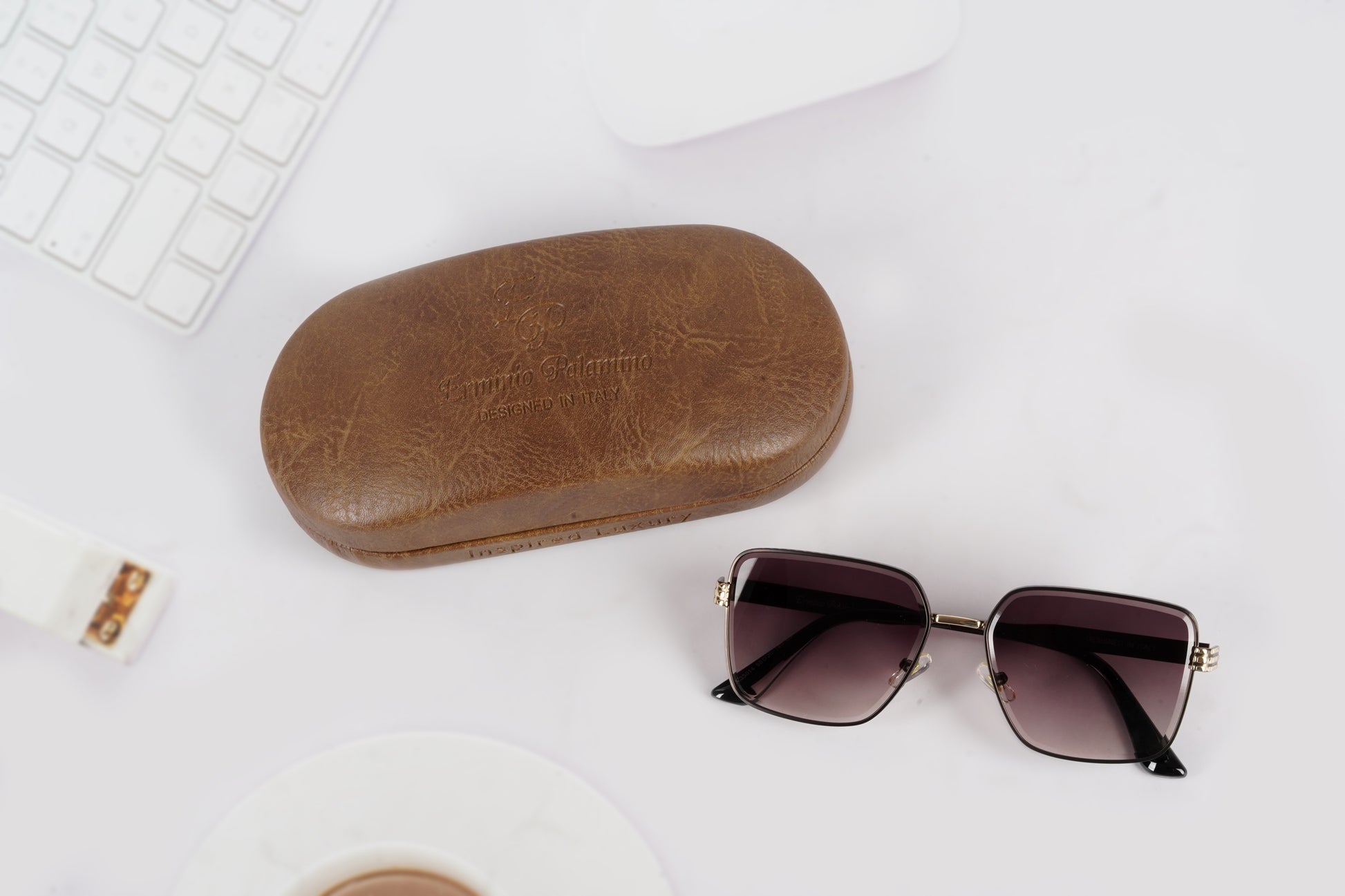 Erminio Palamino "Elite Designer Sunglasses, Square Frame, Black Metal Arms with Decorative Detail, Dark Lens