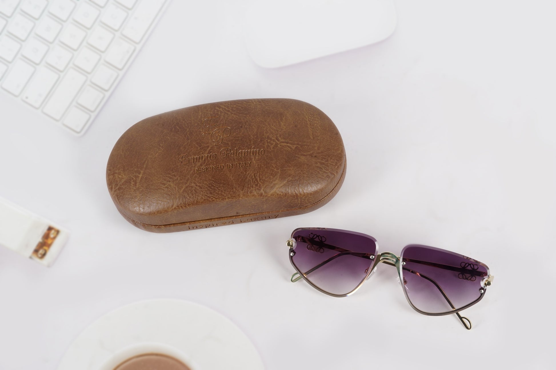 Erminio Palamino "Elite Designer Rimless Sunglasses for Women, Gold Frame with Lenses, Italian Design