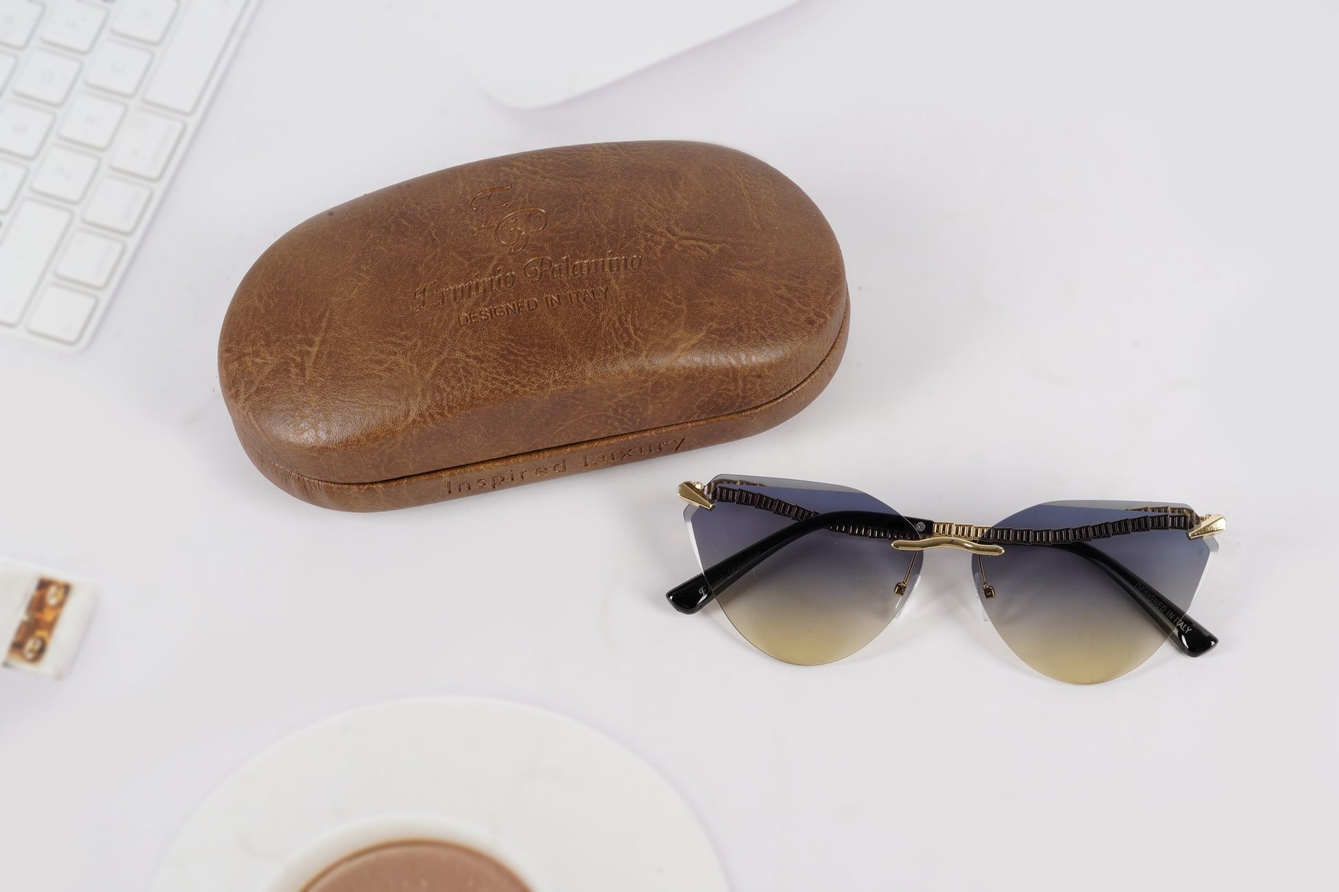 Erminio Palamino "Elite Designer Sunglasses for Women, Rimless Tinted Lenses, Gold Metal Temple Arms