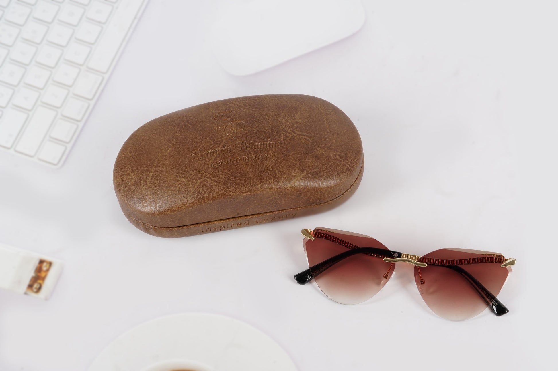 Erminio Palamino "Elite Designer Sunglasses for Women, Rimless Tinted Lenses, Gold Metal Temple Arms