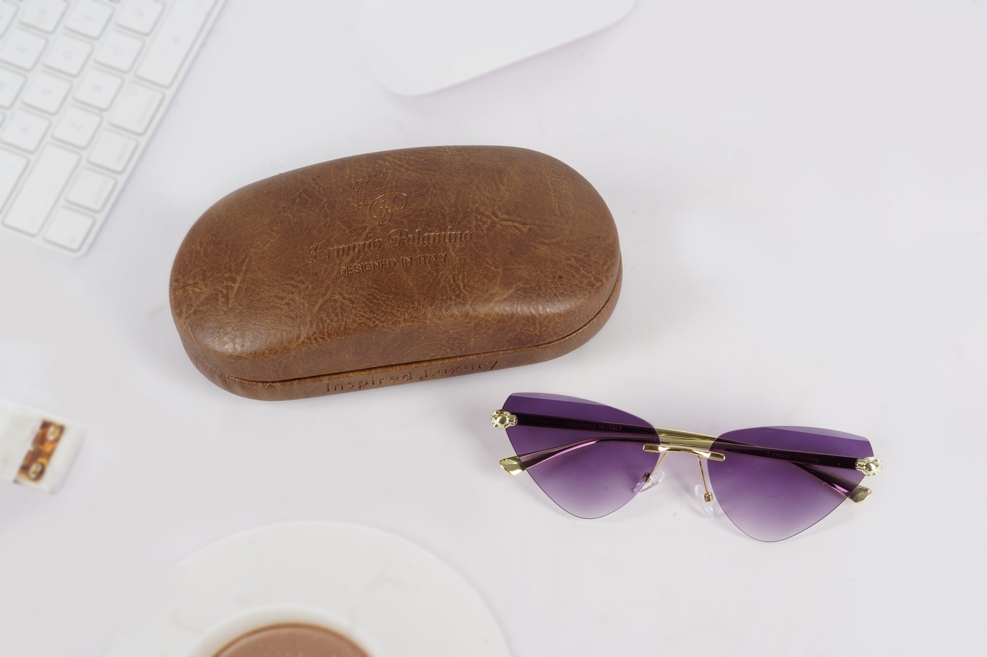 Erminio Palamino "Elite Rimless Cat Eye Sunglasses for Women with Gold Frame, Gradient Lens, Designer Case