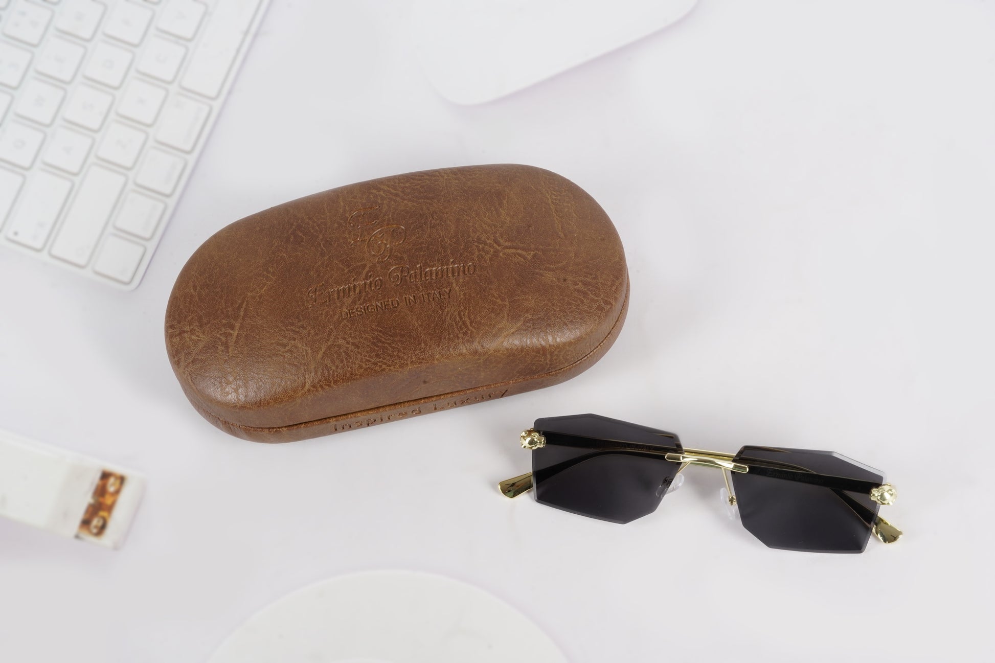 Erminio Palamino "Elite Rimless Rectangular Sunglasses for Women with Tinted Lenses, Gold Metal Frame, Case and Cleaning Cloth Included