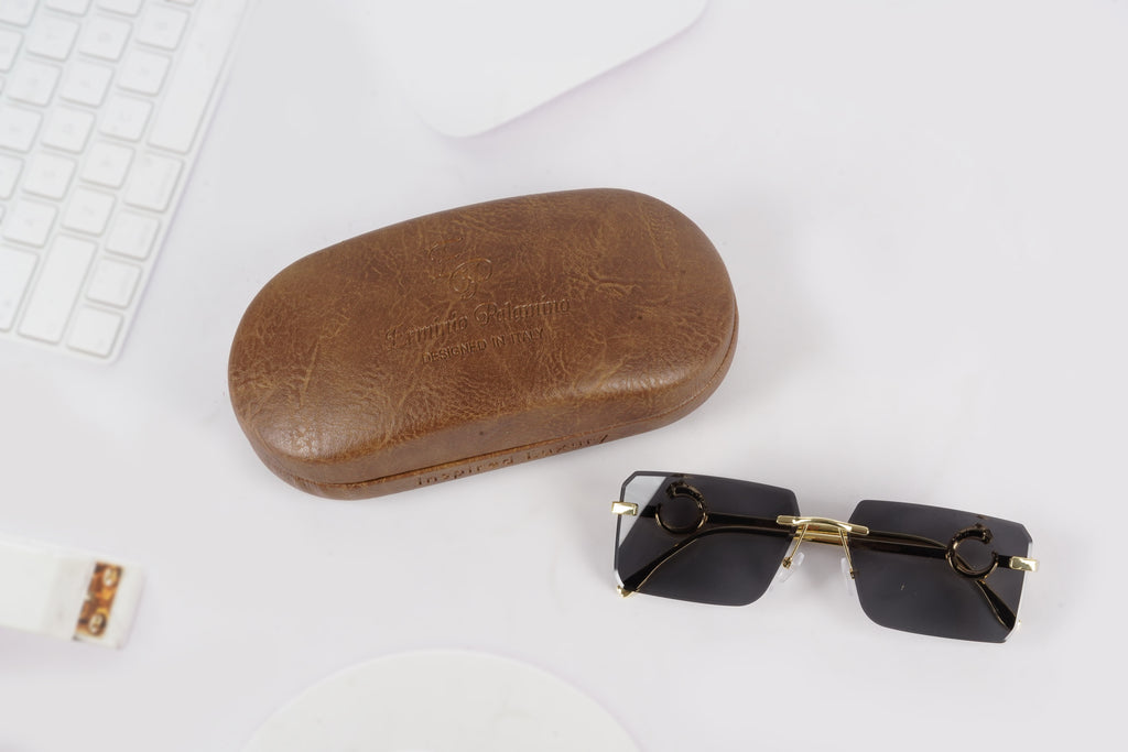 Erminio Palamino "Elite Designer Rimless Sunglasses for Women, Gold Frame, Tinted Lens, with Carrying Case & Cleaning Cloth