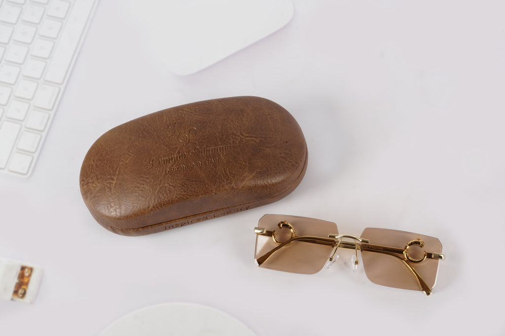 Erminio Palamino "Elite Designer Rimless Sunglasses for Women, Gold Frame, Tinted Lens, with Carrying Case & Cleaning Cloth