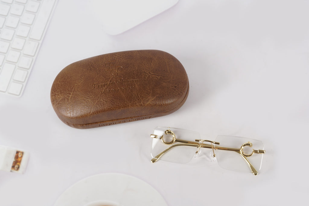 Erminio Palamino "Elite Designer Rimless Sunglasses for Women, Gold Frame, Tinted Lens, with Carrying Case & Cleaning Cloth
