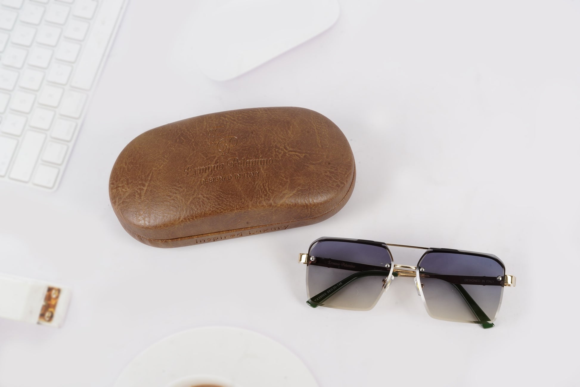 Erminio Palamino "Elite Square Oversized Sunglasses, Black Metal Frame, Tinted Lenses, Rimless Design, Unisex