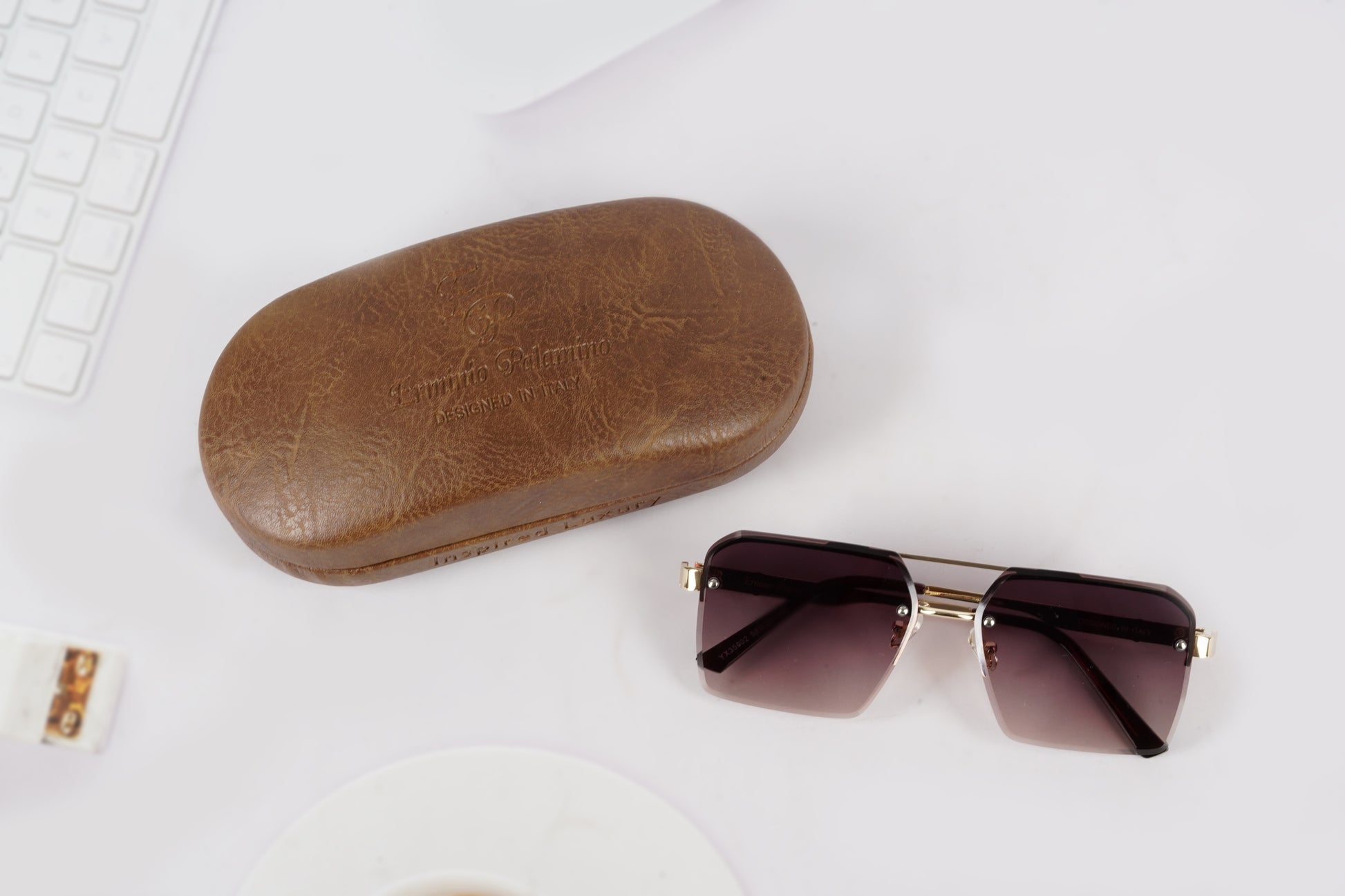 Erminio Palamino "Elite Square Oversized Sunglasses, Black Metal Frame, Tinted Lenses, Rimless Design, Unisex