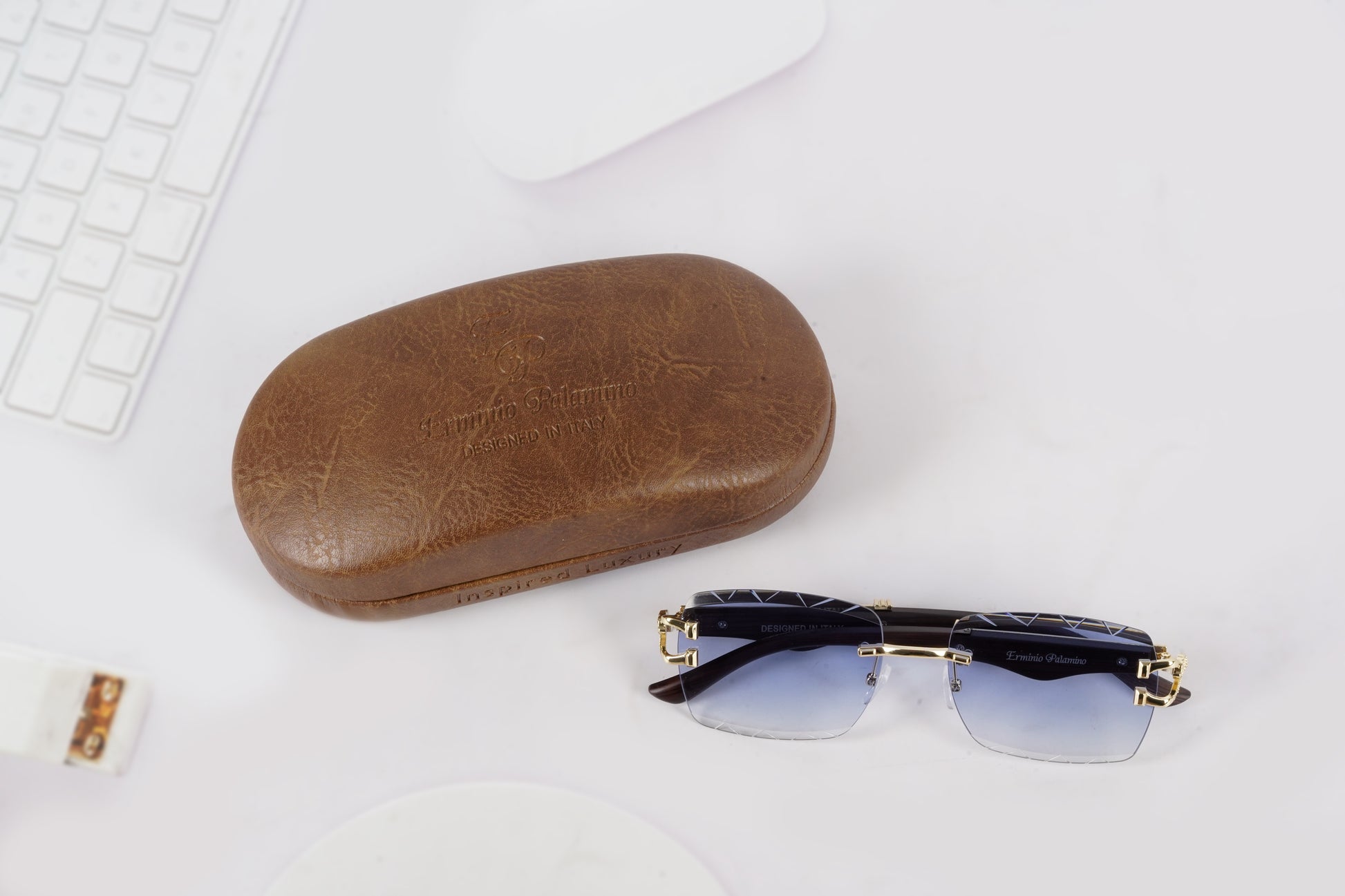 Erminio Palamino "Elite Designer Rimless Sunglasses with Gold Accents, Black Frame, Dark Lenses, Luxury Case