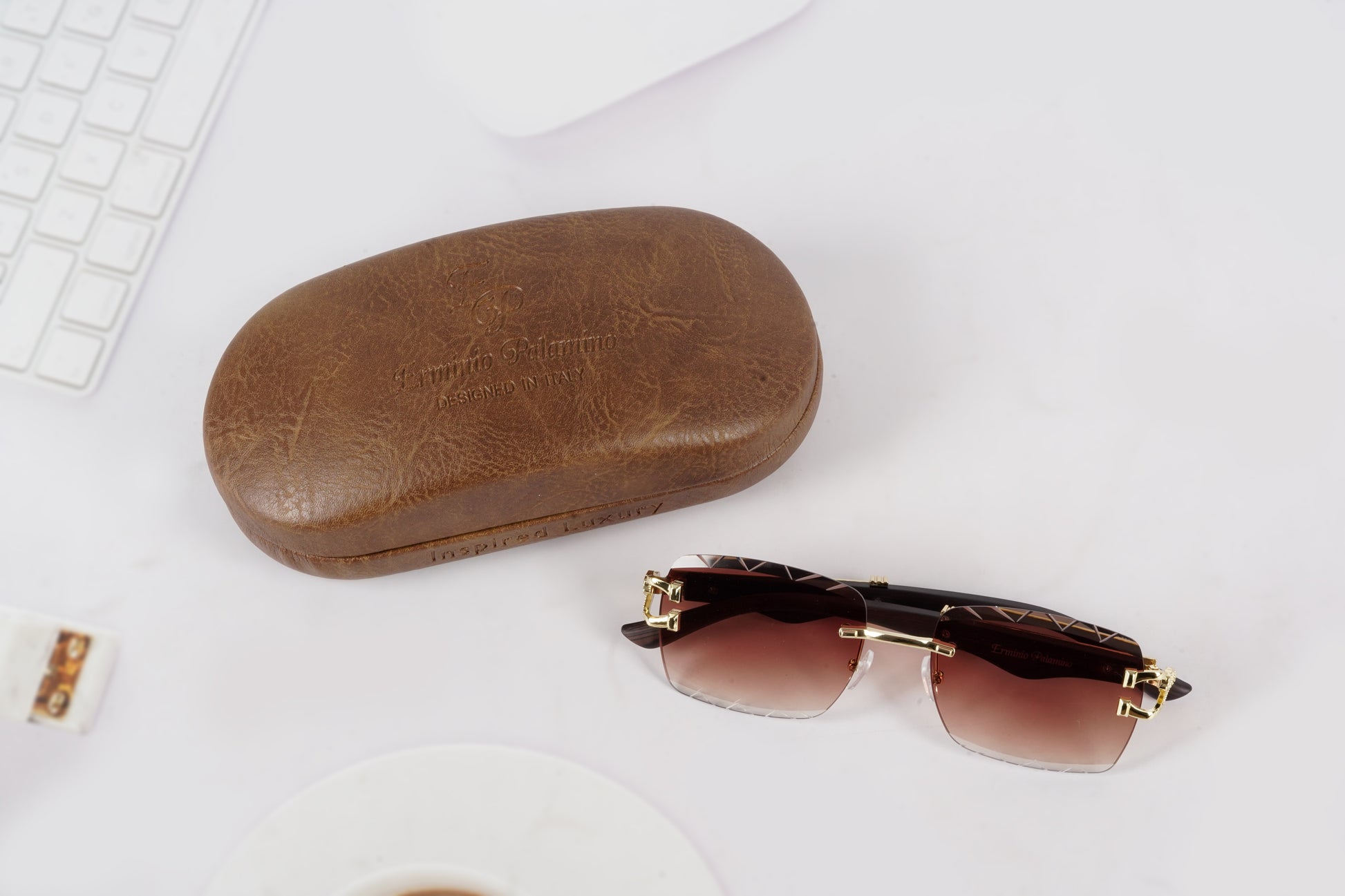 Erminio Palamino "Elite Designer Rimless Sunglasses with Gold Accents, Black Frame, Dark Lenses, Luxury Case